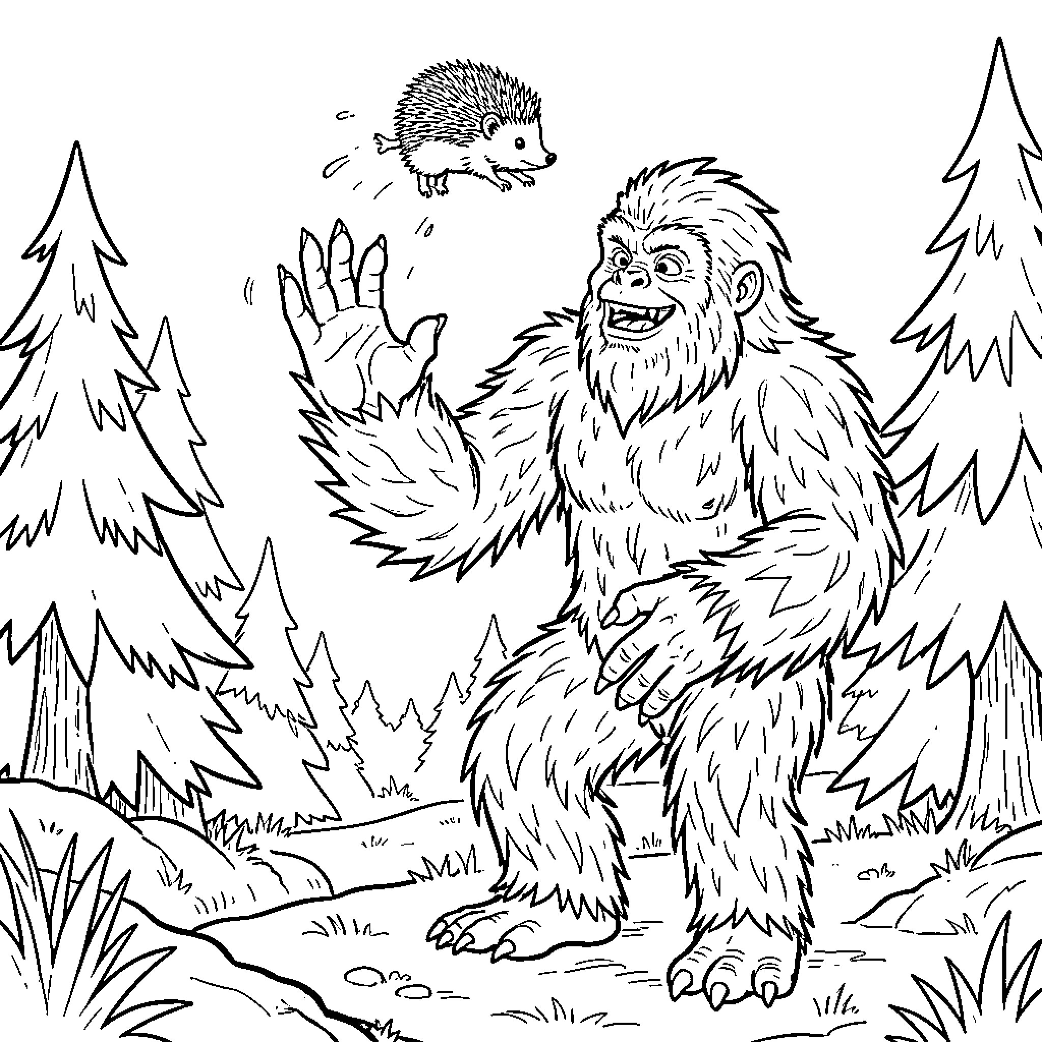 Bigfoot enjoying the forest with a hedgehog Coloring Page (free black-and-white line drawing printable PDF for all, from beginners to advanced learners, including children, teens, adults, and seniors)