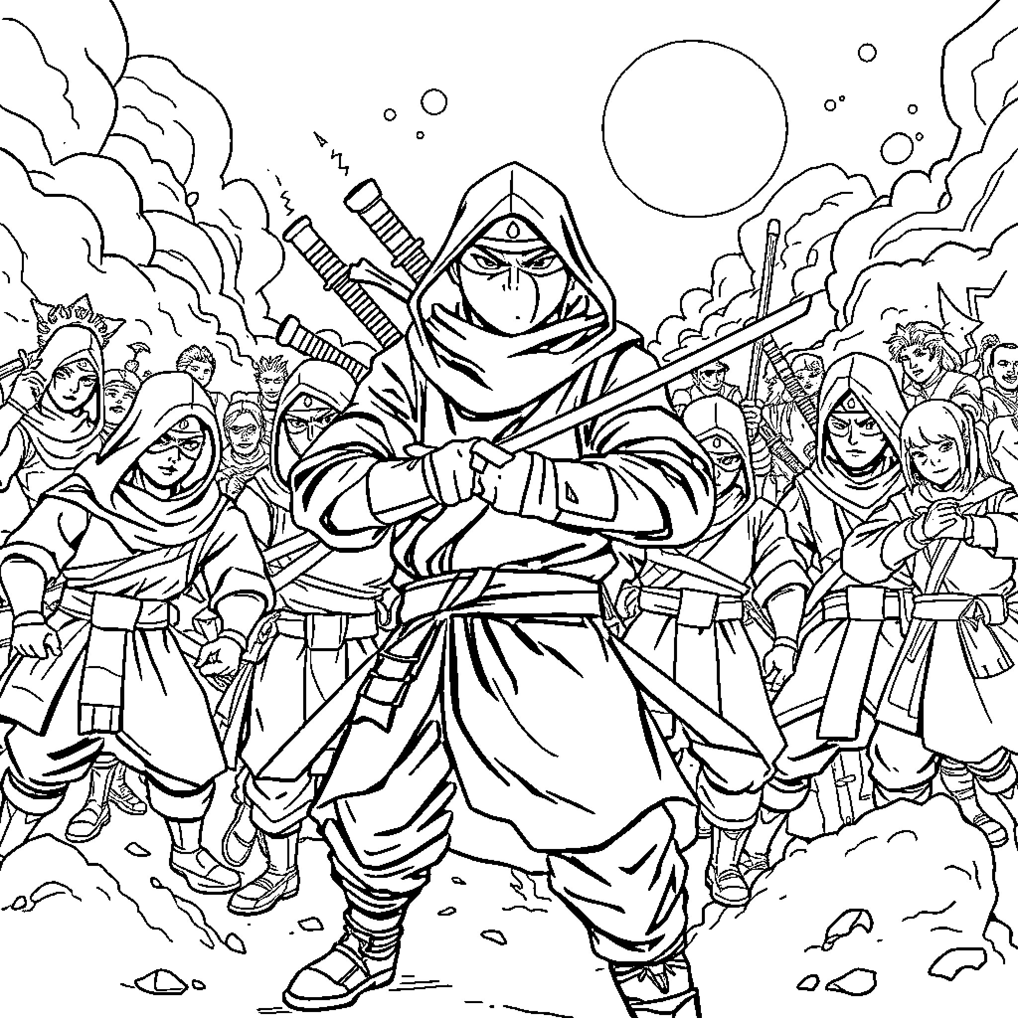 Ninja Warrior's Formidable Presence Amid the Chaos Coloring Page (free black-and-white line drawing printable PDF for all, from beginners to advanced learners, including children, teens, adults, and seniors)