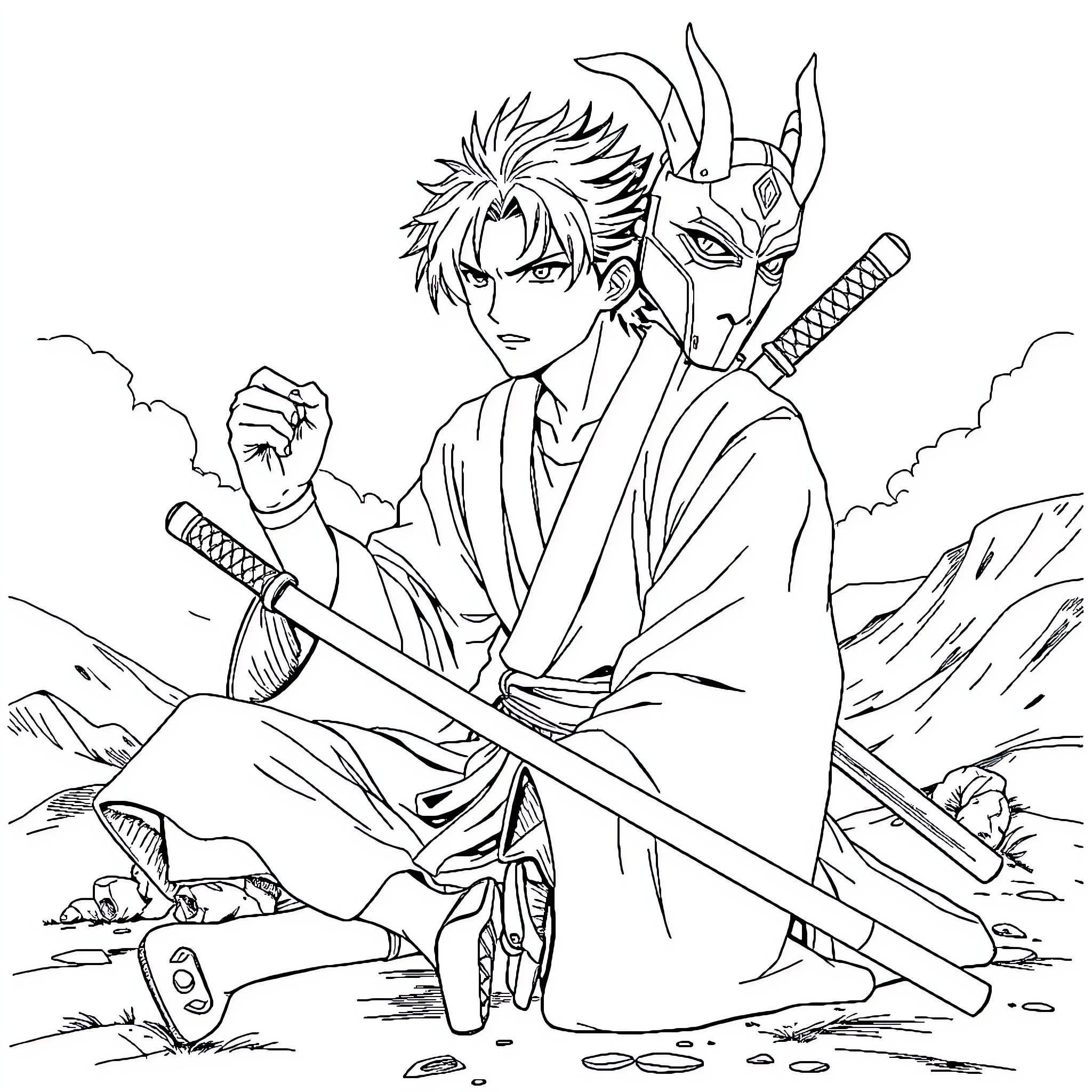 Inosuke wielding swords in a rugged landscape Coloring Page (free black-and-white line drawing printable PDF for all, from beginners to advanced learners, including children, teens, adults, and seniors)