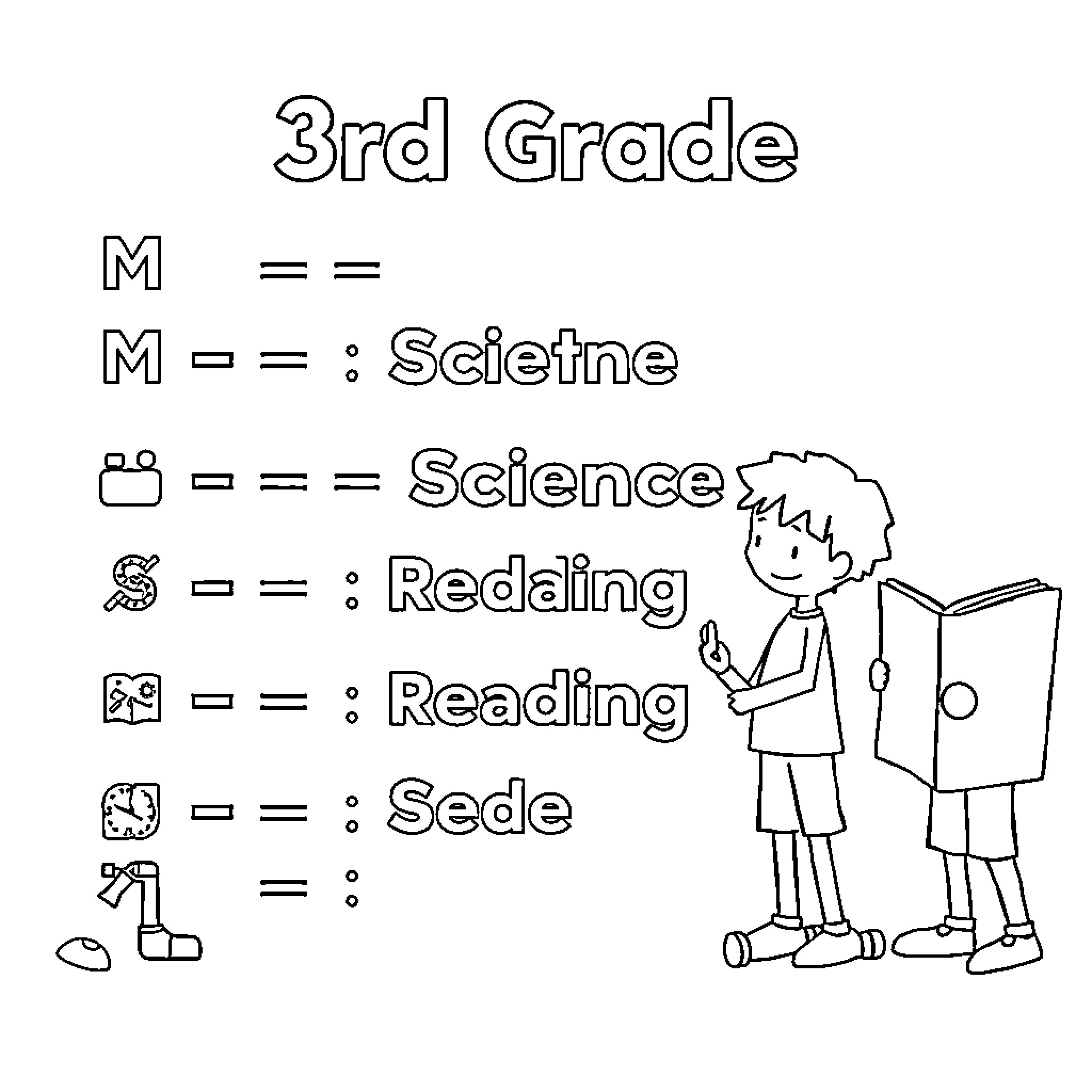 School Subject Symbols and Reading Activities Coloring Page (free black-and-white line drawing printable PDF for all, from beginners to advanced learners, including children, teens, adults, and seniors)