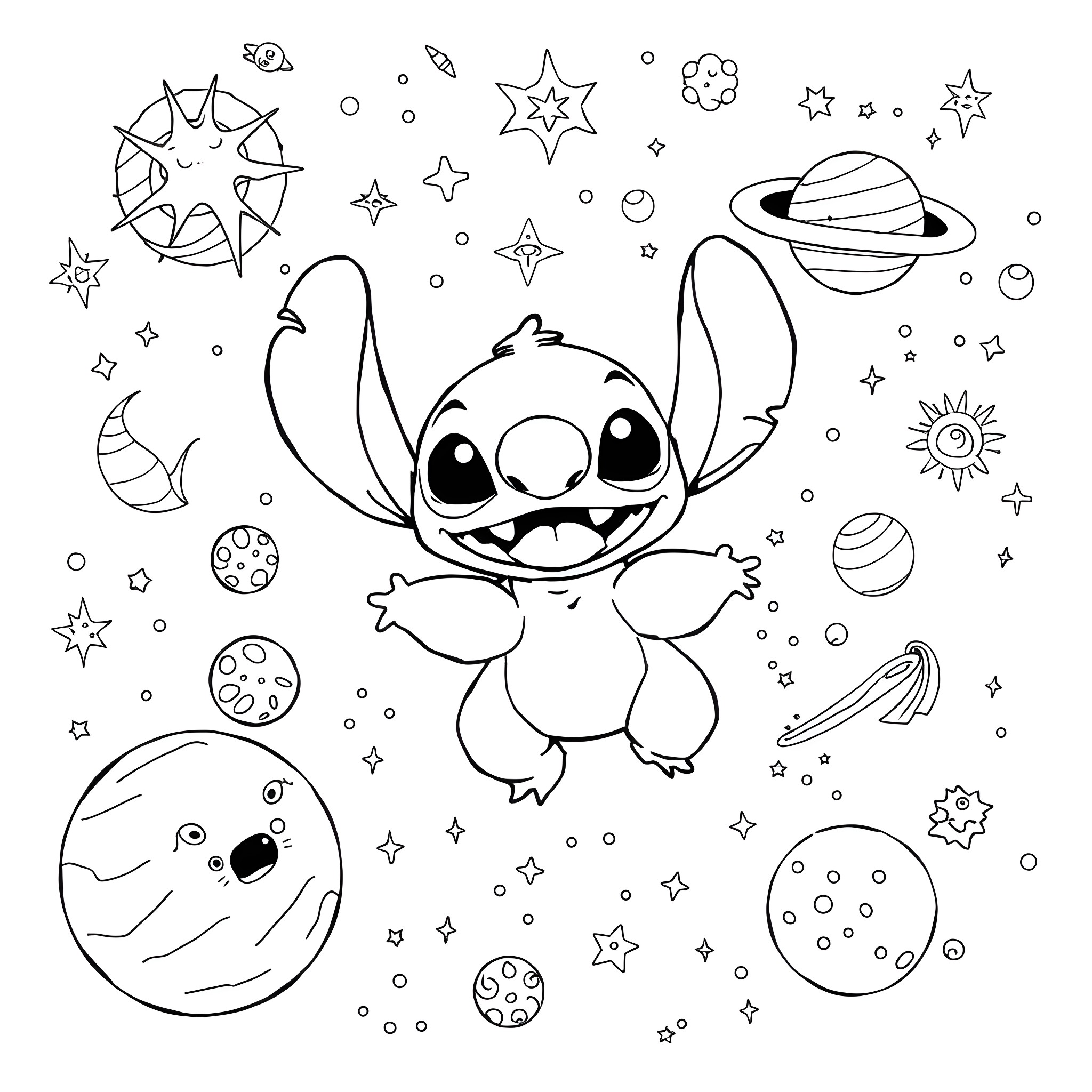 Stitch exploring the cosmic galaxy Coloring Page (free black-and-white line drawing printable PDF for all, from beginners to advanced learners, including children, teens, adults, and seniors)