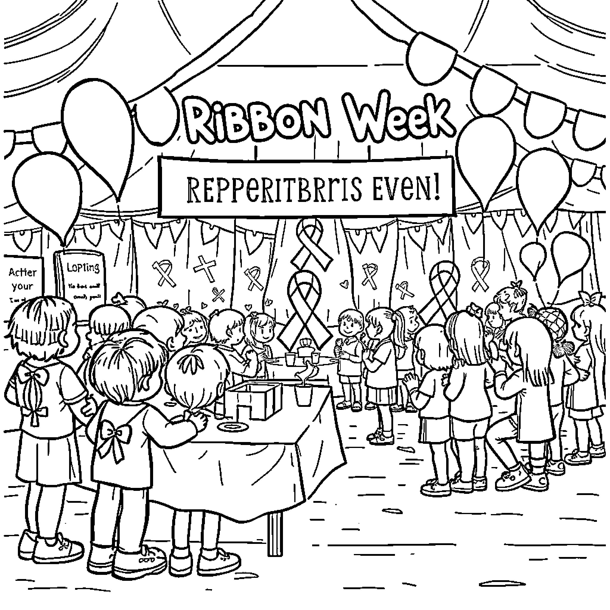 Ribbon Week: Celebrating Community Awareness Coloring Page (free black-and-white line drawing printable PDF for all, from beginners to advanced learners, including children, teens, adults, and seniors)