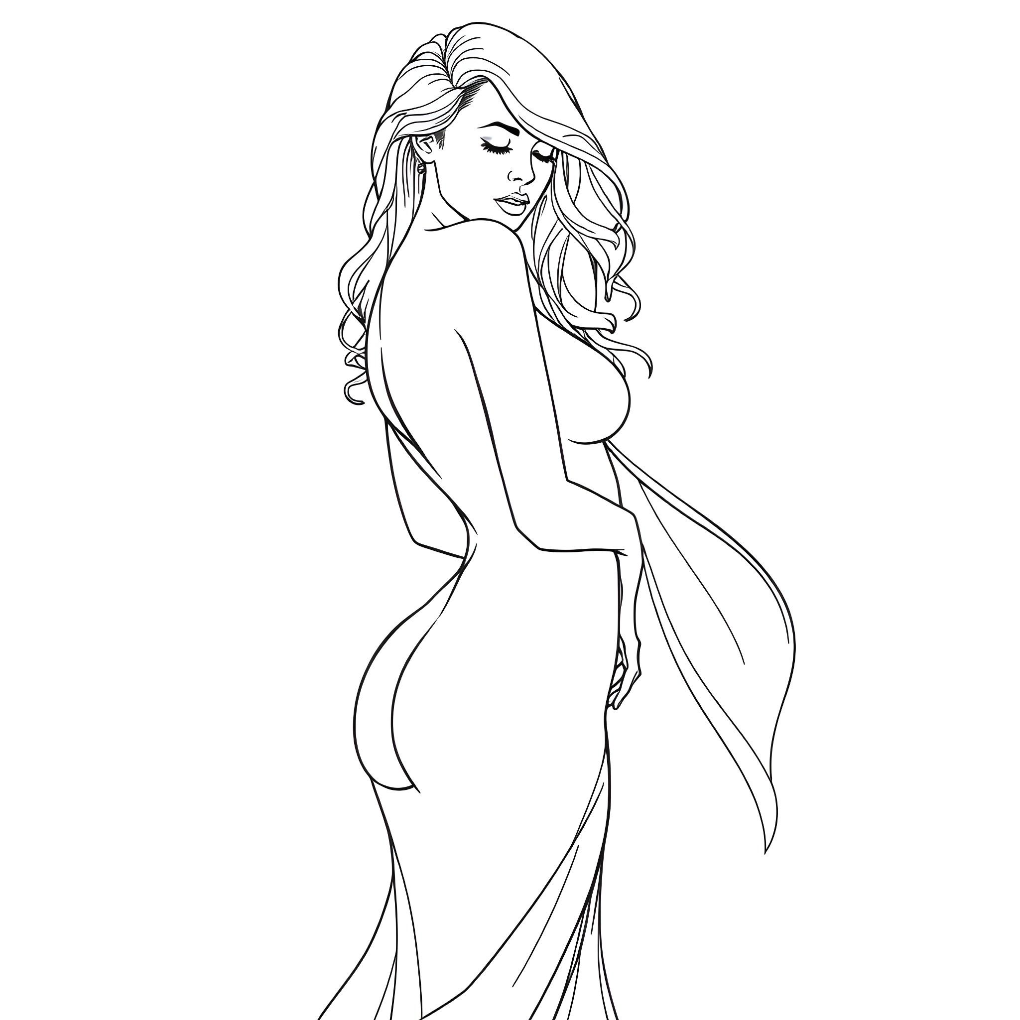 Woman in flowing gown with long wavy hair Coloring Page (free black-and-white line drawing printable PDF for all, from beginners to advanced learners, including children, teens, adults, and seniors)