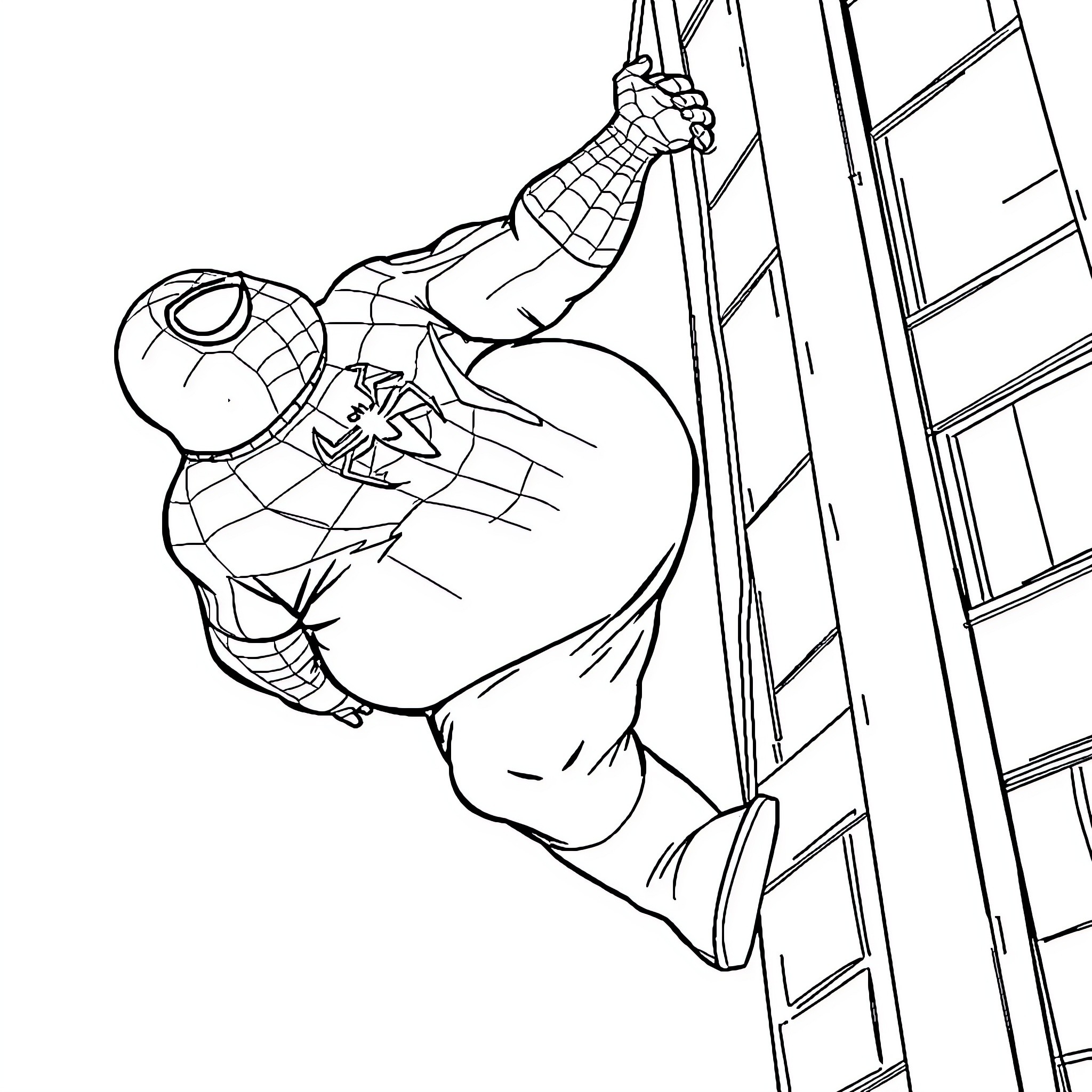 Spiderman climbing up a skyscraper Coloring Page (free black-and-white line drawing printable PDF for all, from beginners to advanced learners, including children, teens, adults, and seniors)