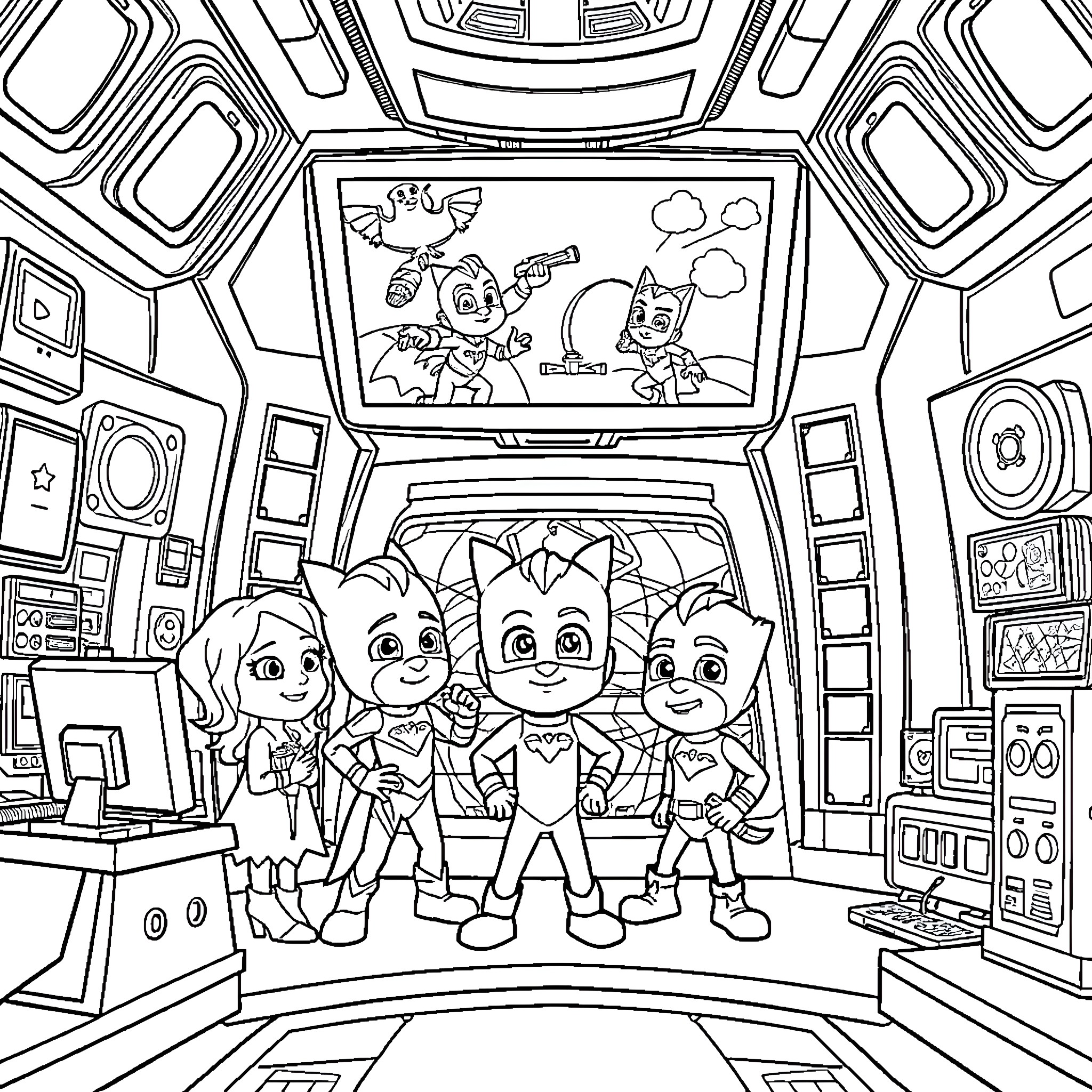 Pjmasks characters in spaceship control room Coloring Page (free black-and-white line drawing printable PDF for all, from beginners to advanced learners, including children, teens, adults, and seniors)