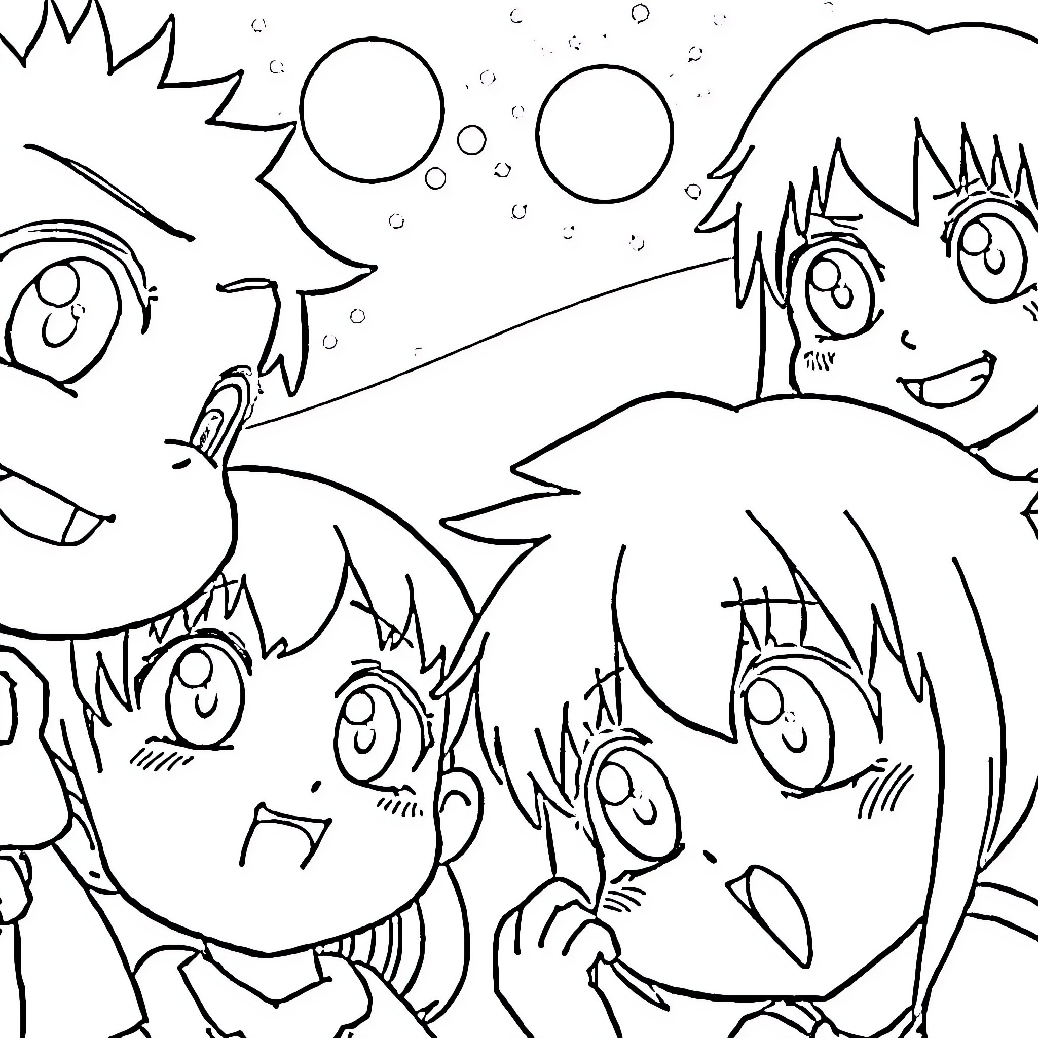 Anime characters with exaggerated expressions and stylized features Coloring Page (free black-and-white line drawing printable PDF for all, from beginners to advanced learners, including children, teens, adults, and seniors)