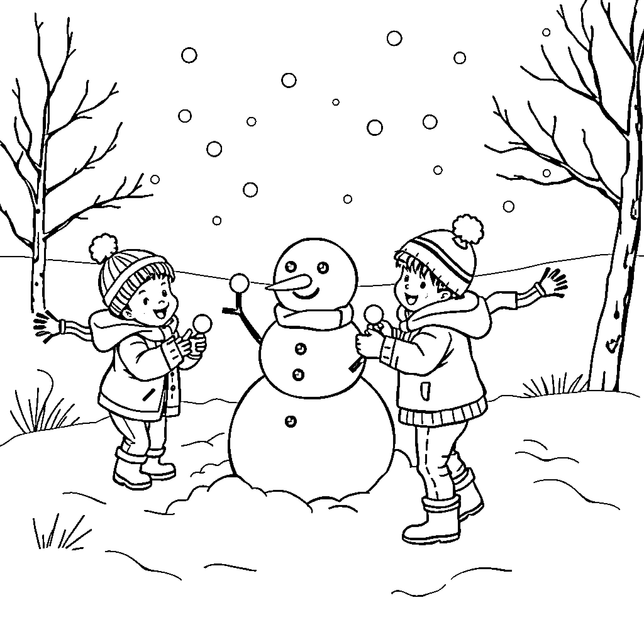 Child Making Snowman with Friend in Winter Coloring Page (free black-and-white line drawing printable PDF for all, from beginners to advanced learners, including children, teens, adults, and seniors)
