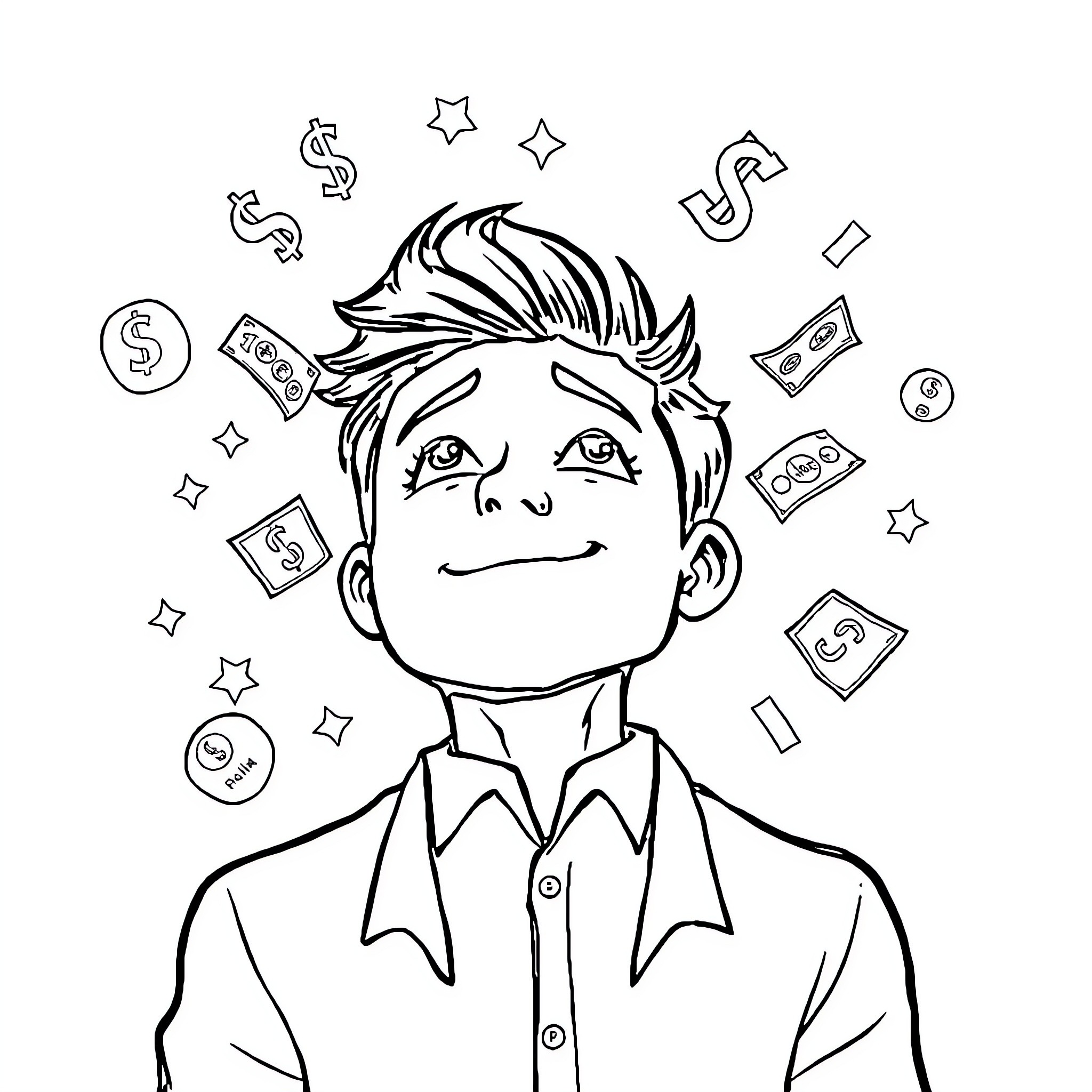 Money-Minded Man Surrounded by Dollar Signs Coloring Page (free black-and-white line drawing printable PDF for all, from beginners to advanced learners, including children, teens, adults, and seniors)