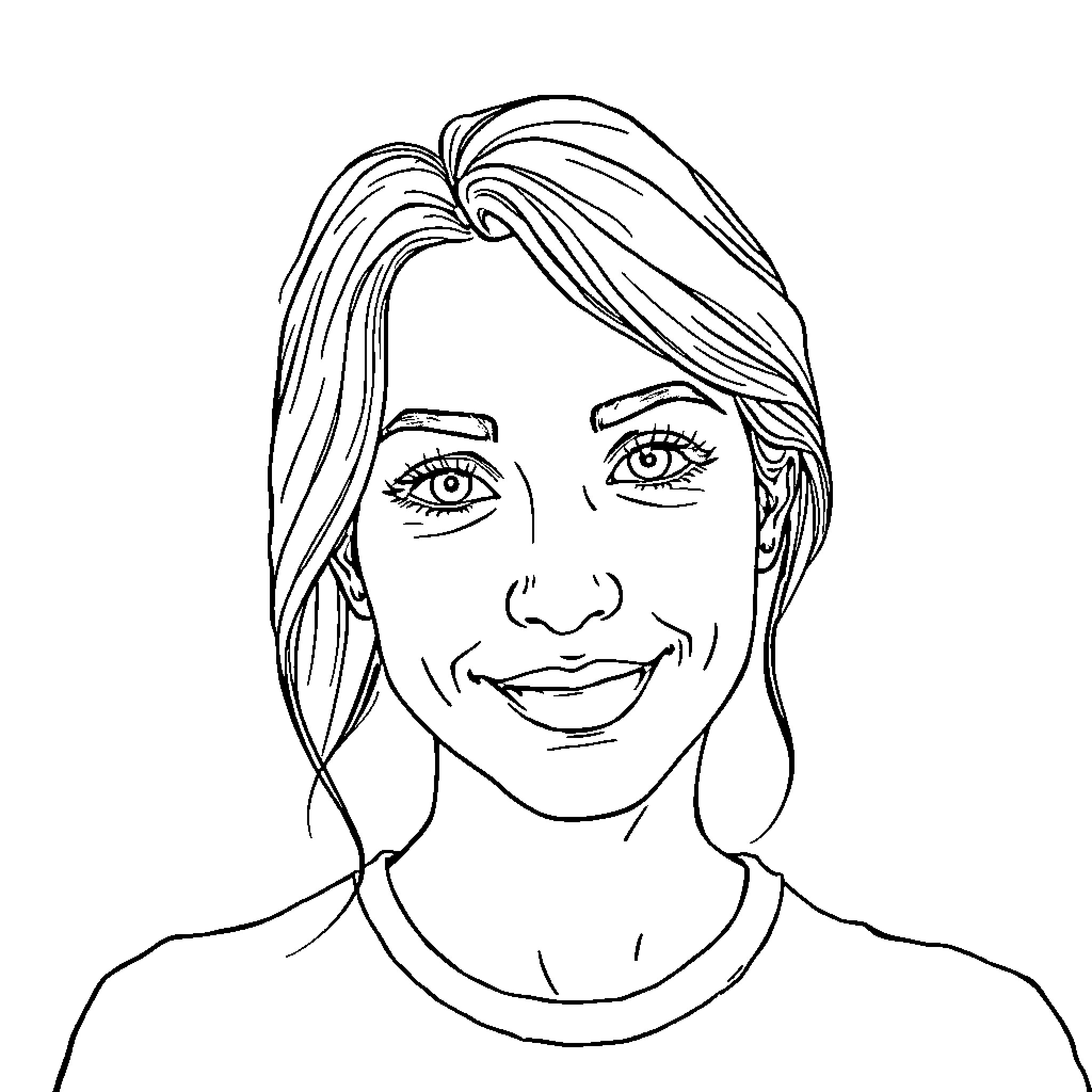 Self Portrait of a Smiling Woman Coloring Page (free black-and-white line drawing printable PDF for all, from beginners to advanced learners, including children, teens, adults, and seniors)
