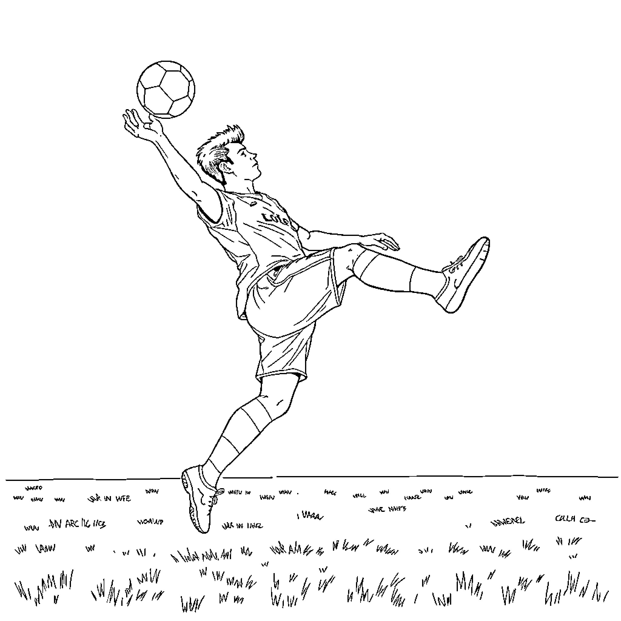 Futbol player making acrobatic kick in midair Coloring Page (free black-and-white line drawing printable PDF for all, from beginners to advanced learners, including children, teens, adults, and seniors)