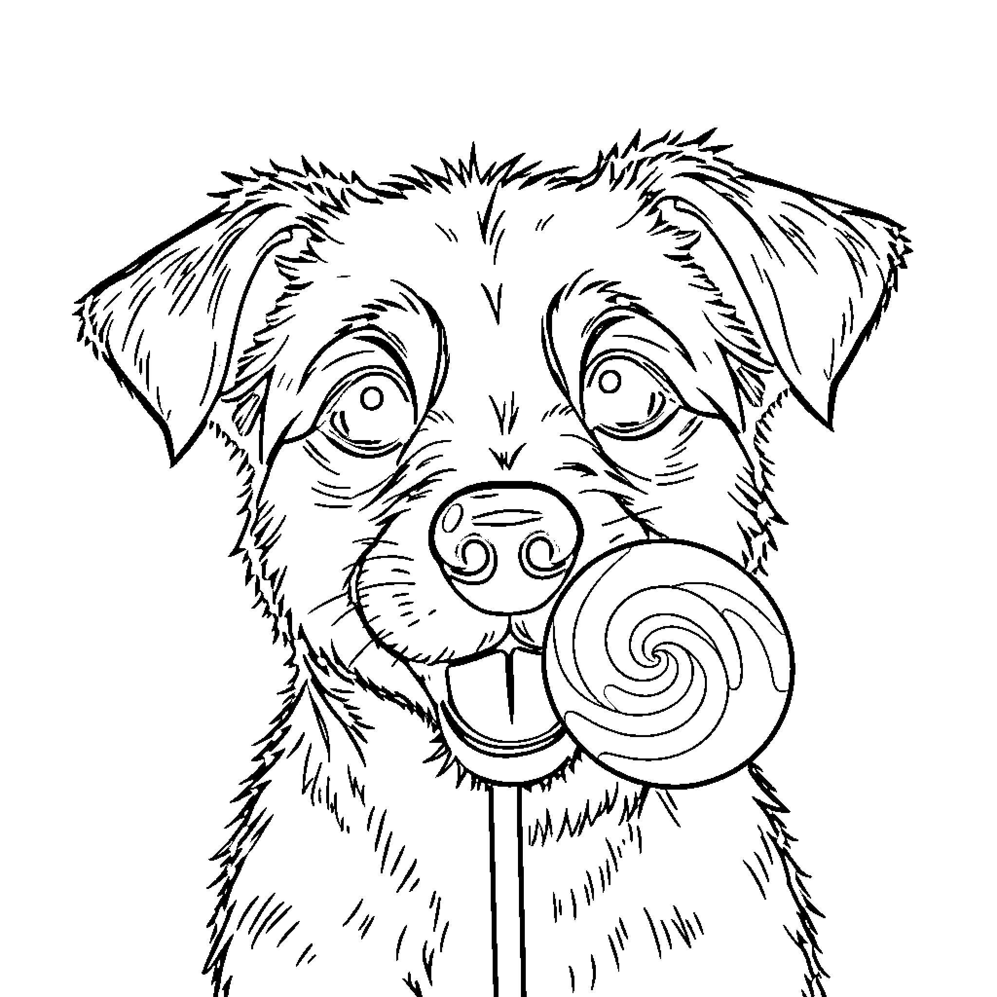 Dog enjoying a colorful lollipop Coloring Page (free black-and-white line drawing printable PDF for all, from beginners to advanced learners, including children, teens, adults, and seniors)