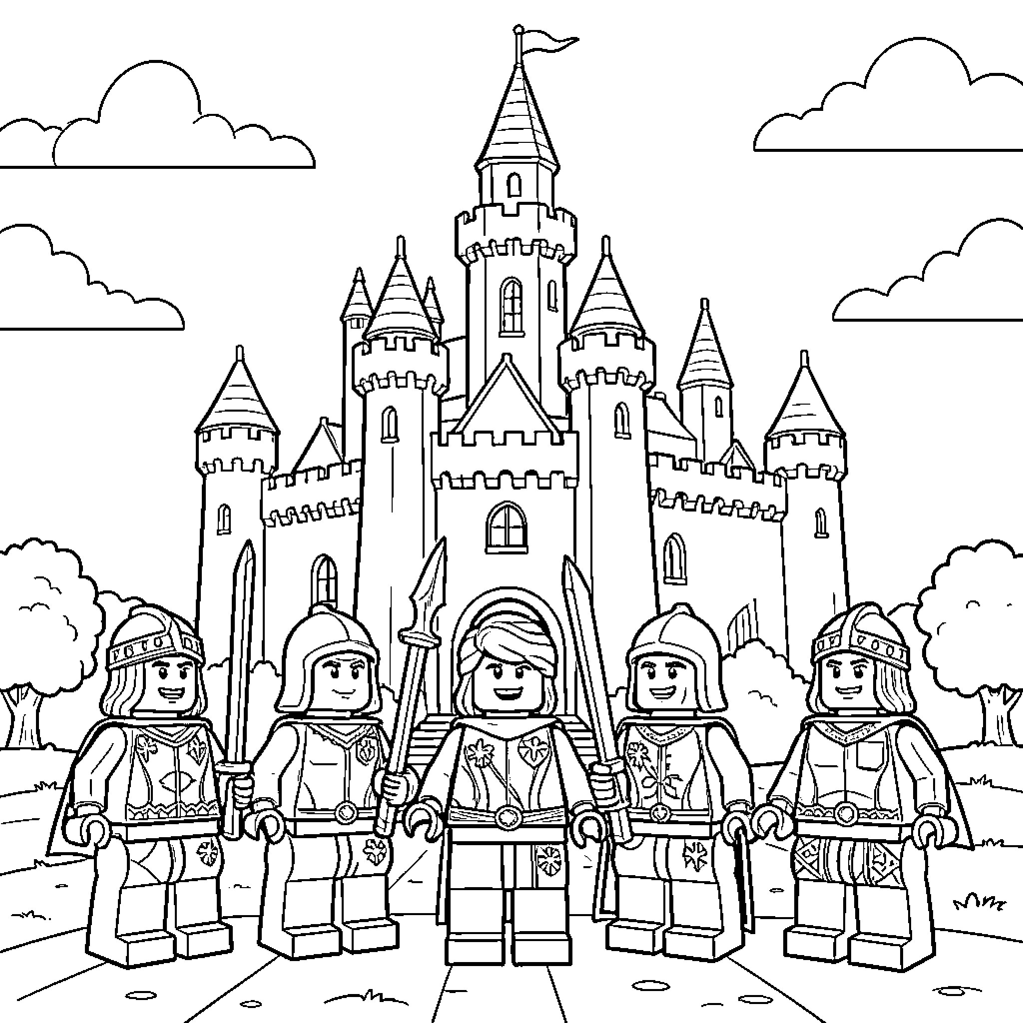 Lego Knight warriors standing proudly in front of a castle Coloring Page (free black-and-white line drawing printable PDF for all, from beginners to advanced learners, including children, teens, adults, and seniors)