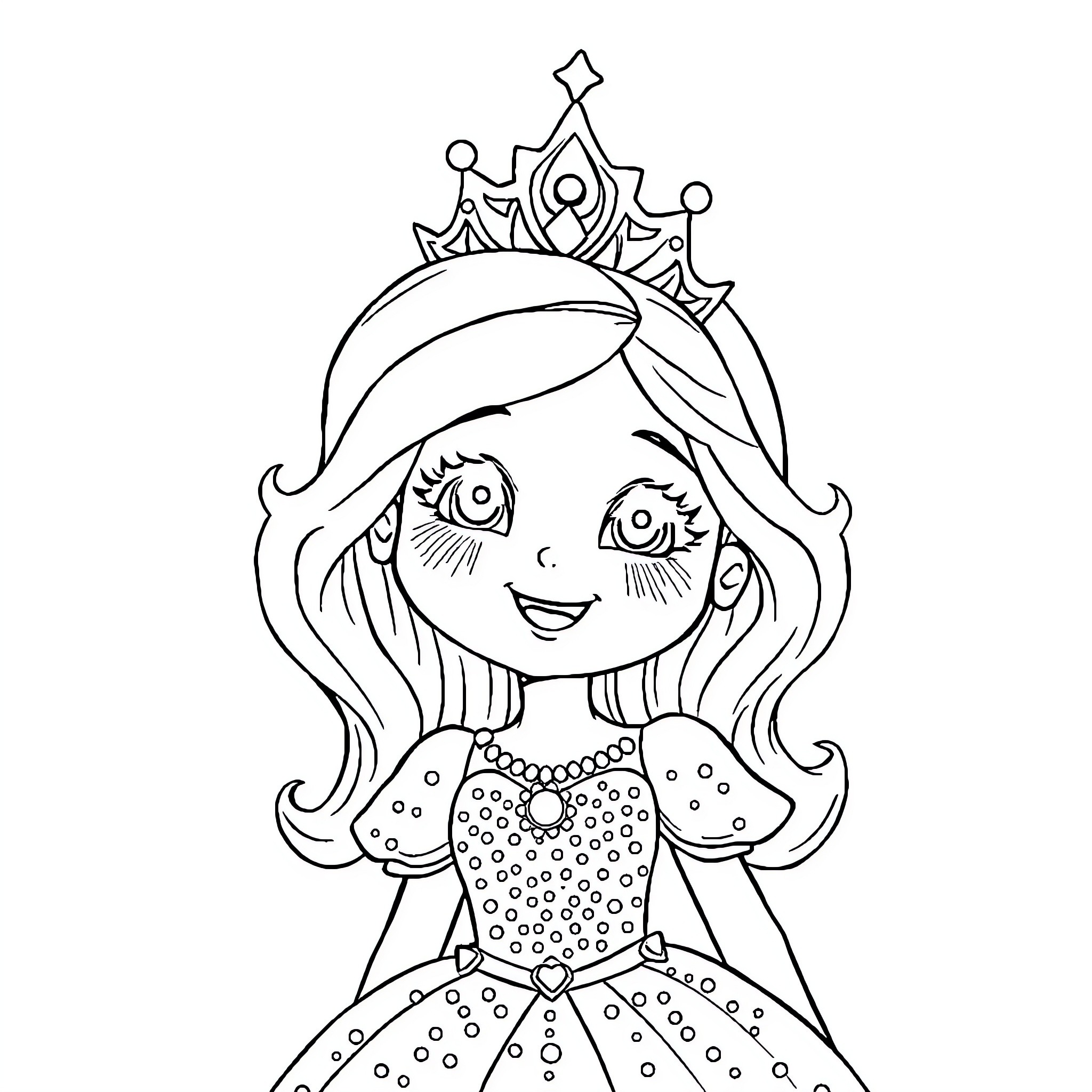 Princess Wearing Gown and Tiara Coloring Page (free black-and-white line drawing printable PDF for all, from beginners to advanced learners, including children, teens, adults, and seniors)