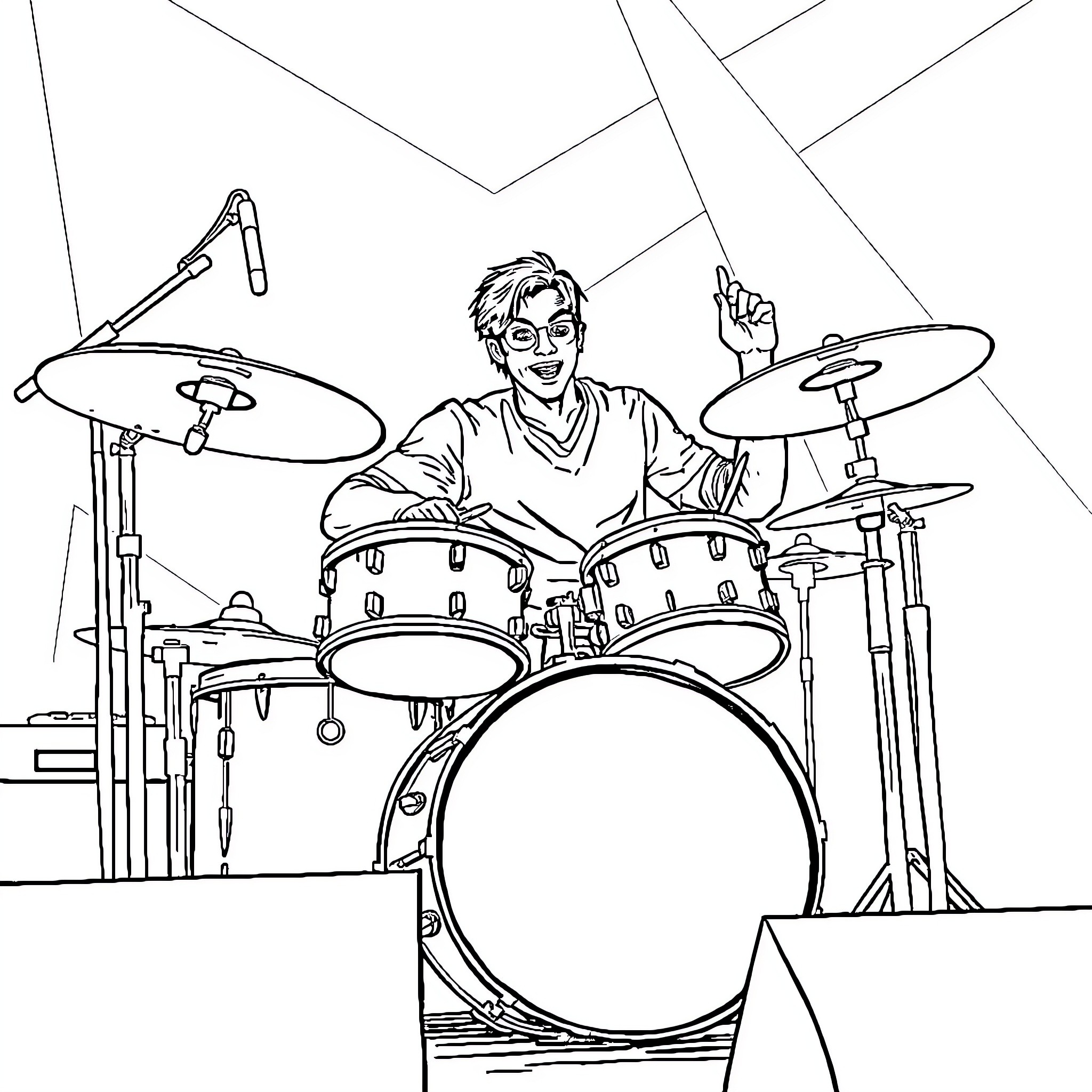 Drummer playing energetically on the drum set Coloring Page (free black-and-white line drawing printable PDF for all, from beginners to advanced learners, including children, teens, adults, and seniors)