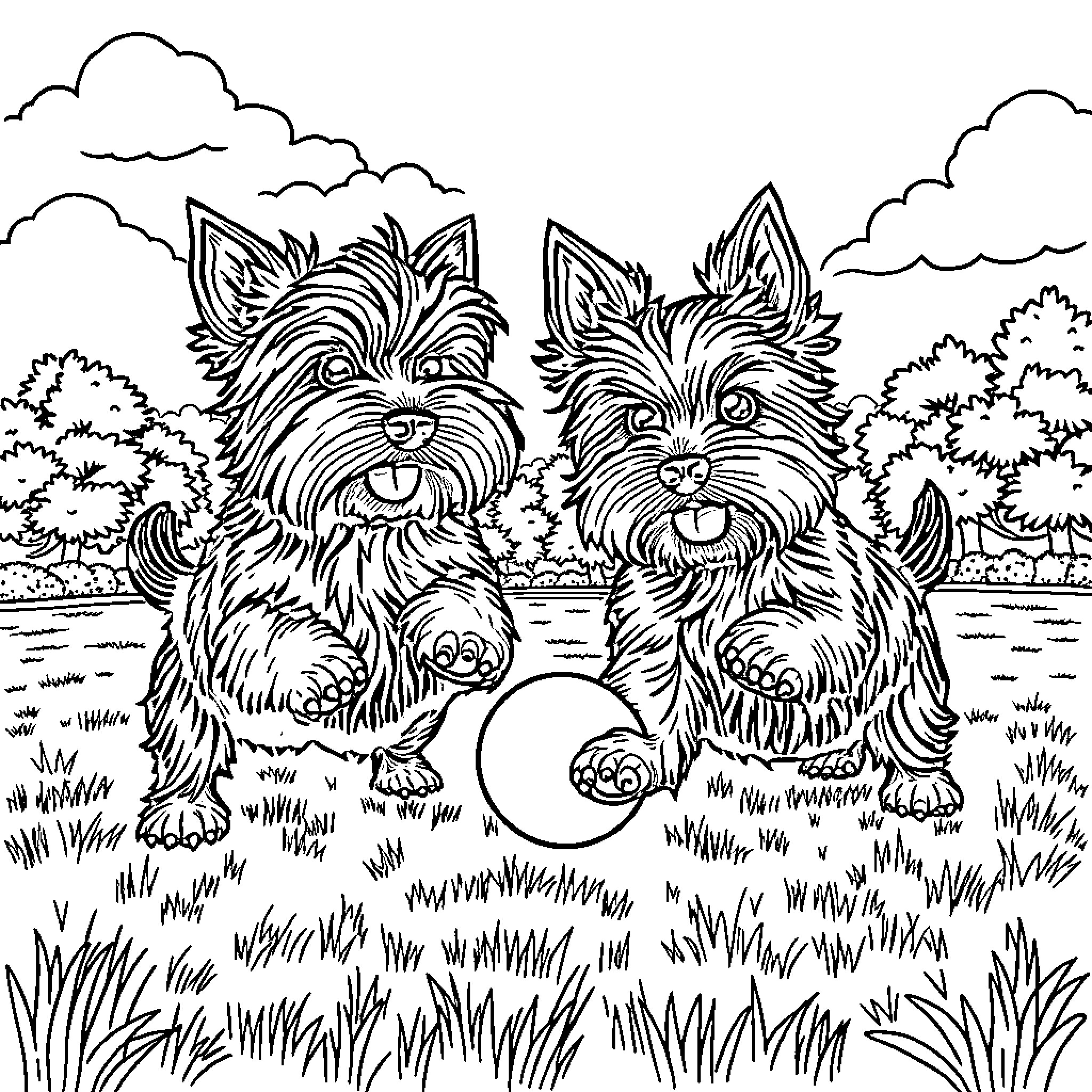Yorkshire Terriers playing in the park Coloring Page (free black-and-white line drawing printable PDF for all, from beginners to advanced learners, including children, teens, adults, and seniors)