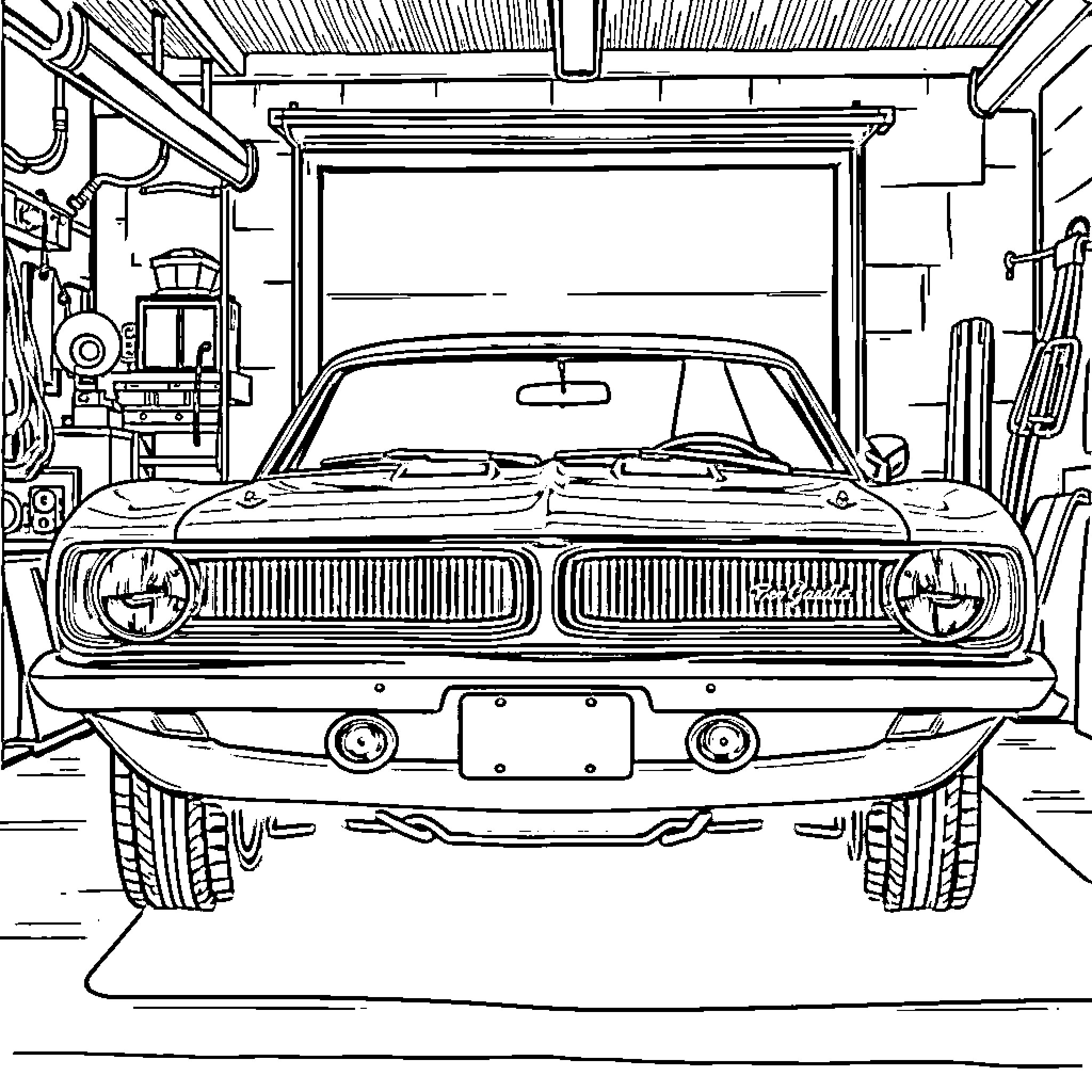 Barracuda classic muscle car in workshop Coloring Page (free black-and-white line drawing printable PDF for all, from beginners to advanced learners, including children, teens, adults, and seniors)