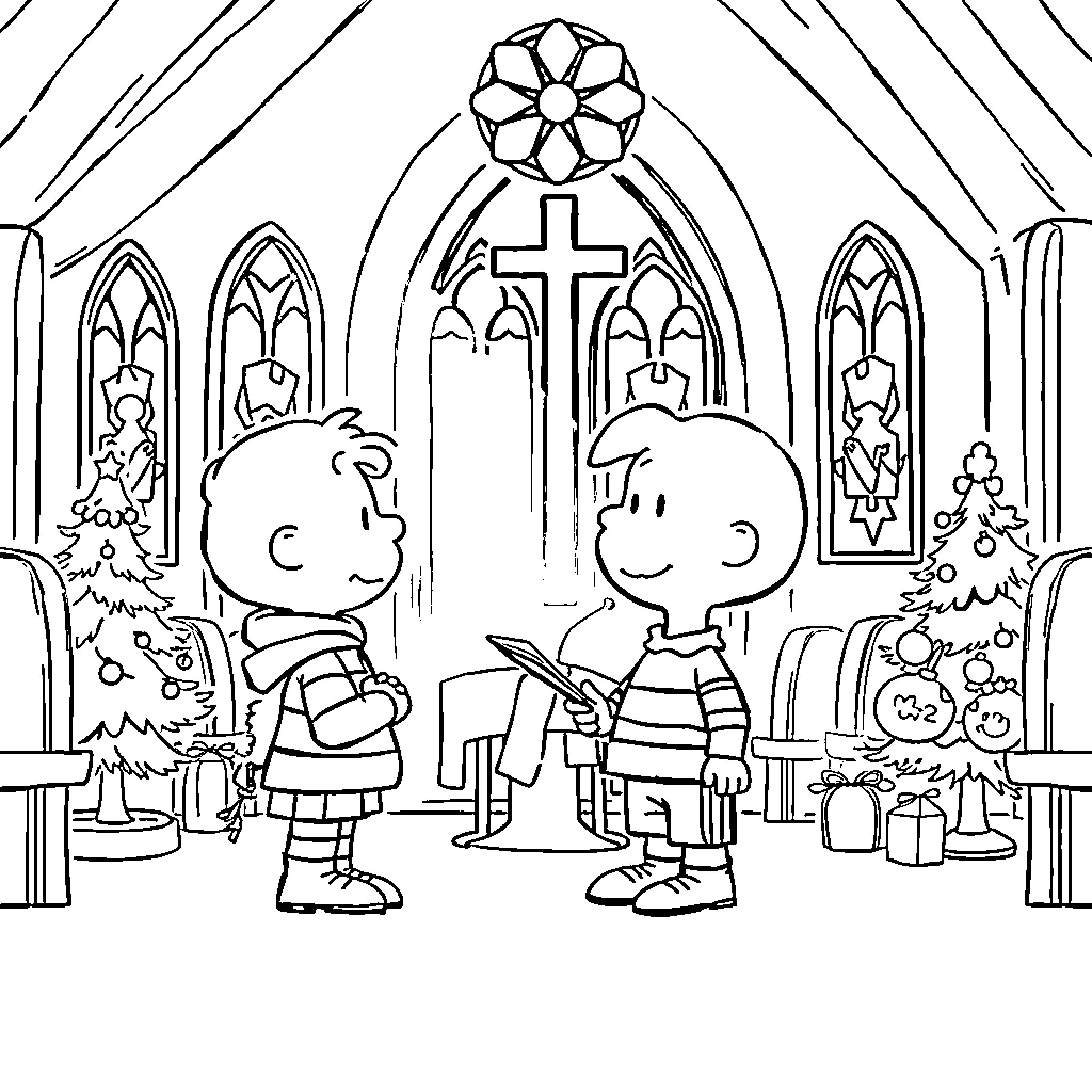 Linus and his friend in the church Coloring Page (free black-and-white line drawing printable PDF for all, from beginners to advanced learners, including children, teens, adults, and seniors)