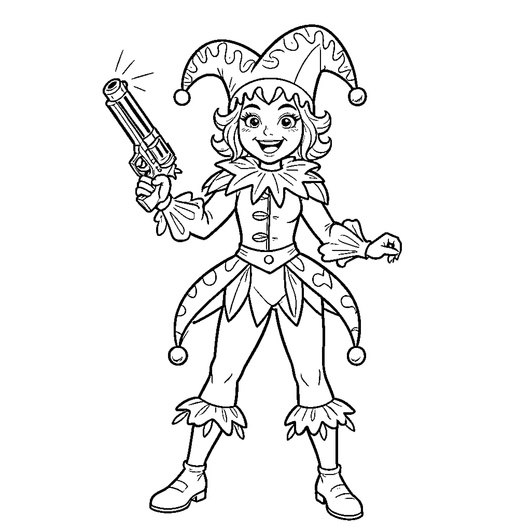 Jester in Colorful Costume Wielding Playful Weapon Coloring Page (free black-and-white line drawing printable PDF for all, from beginners to advanced learners, including children, teens, adults, and seniors)