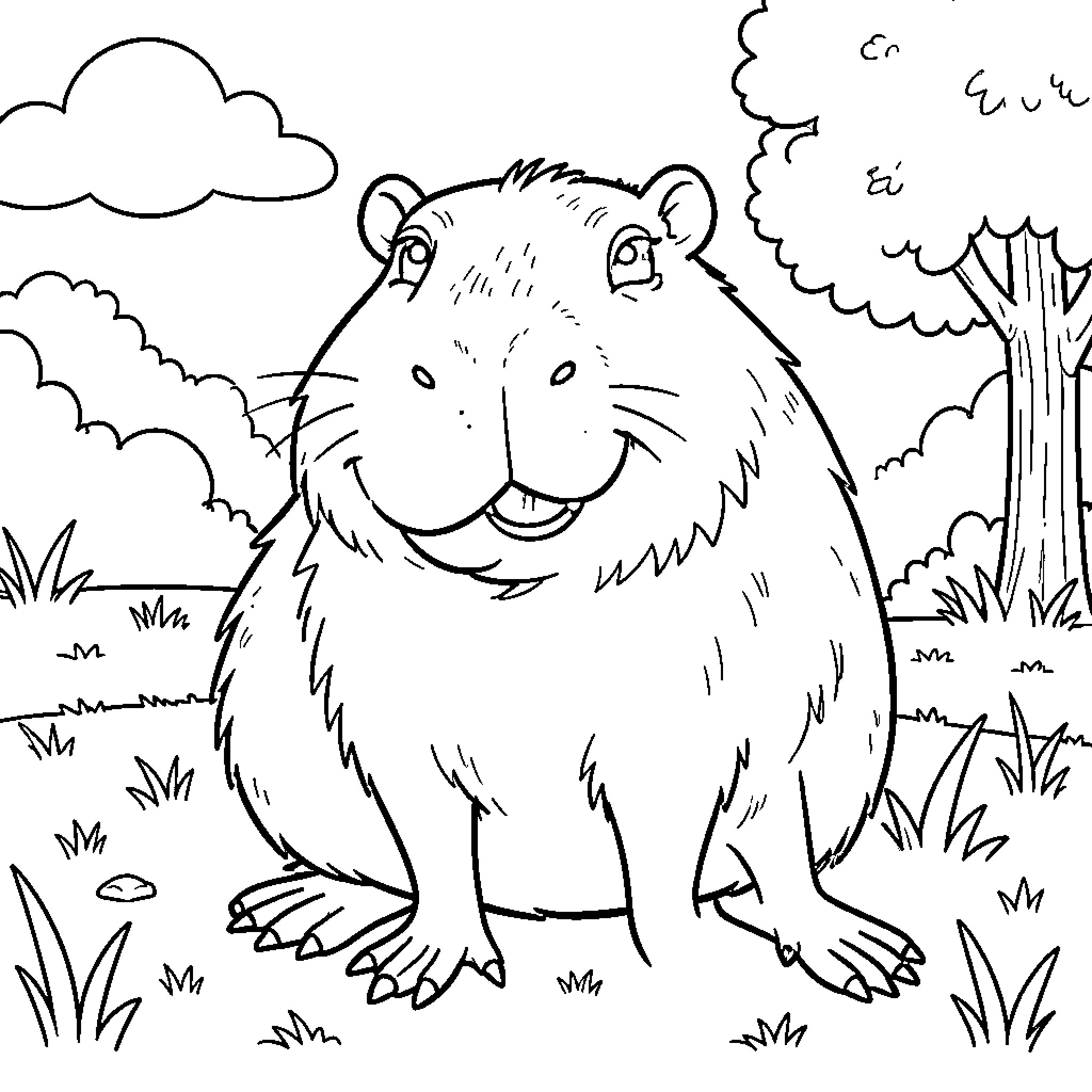 Capybara smiling happily in a natural outdoor setting Coloring Page (free black-and-white line drawing printable PDF for all, from beginners to advanced learners, including children, teens, adults, and seniors)