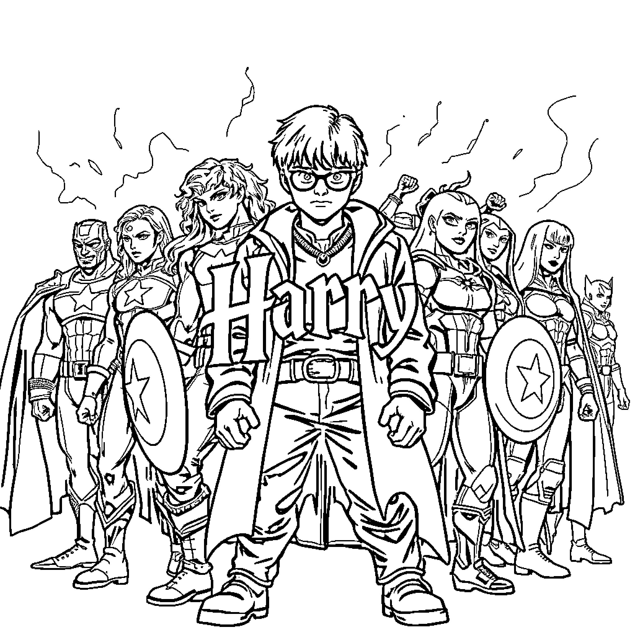 Harry's Superhero Adventure with Heroic Companions Coloring Page (free black-and-white line drawing printable PDF for all, from beginners to advanced learners, including children, teens, adults, and seniors)