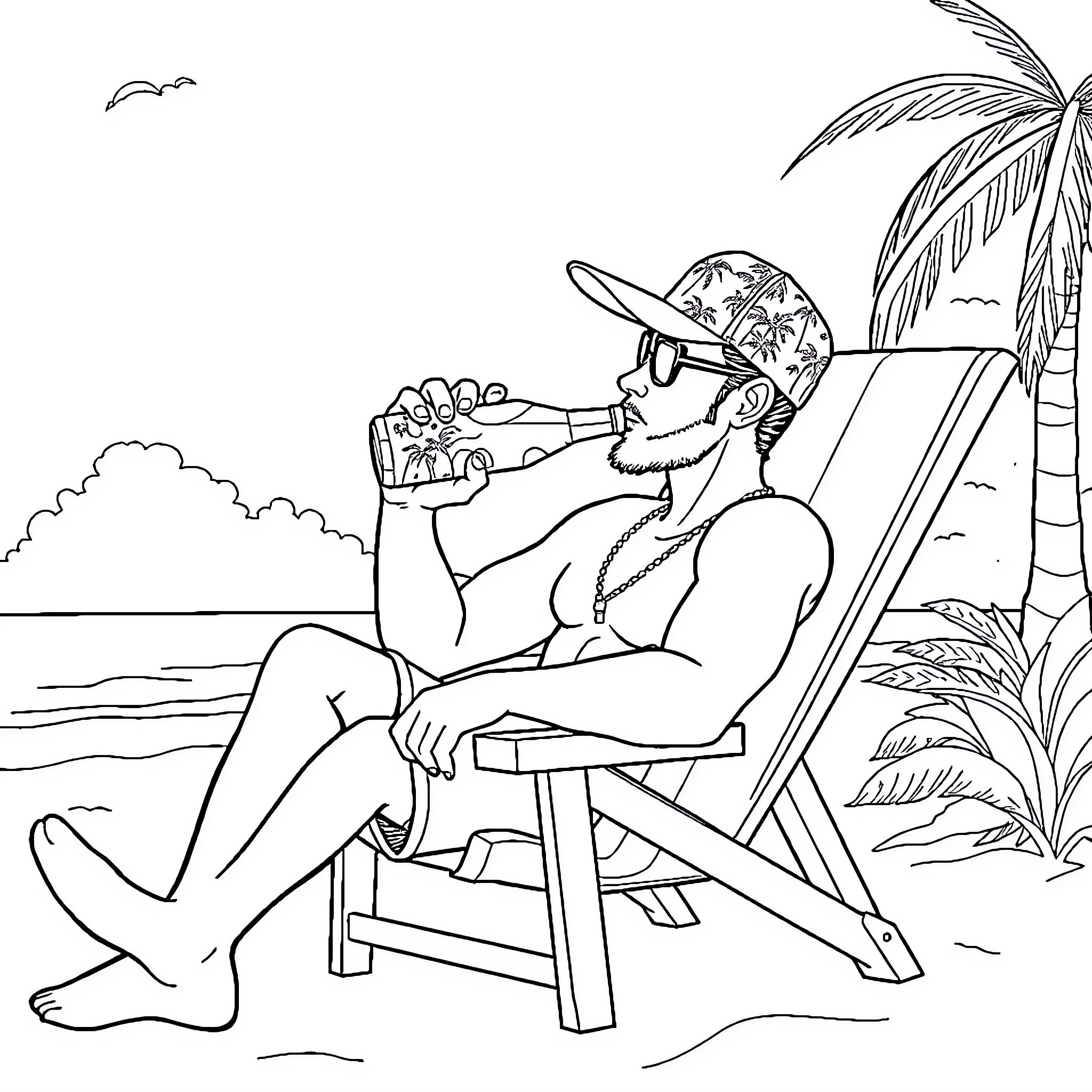 Man relaxing on beach chair while drinking from a bottle Coloring Page (free black-and-white line drawing printable PDF for all, from beginners to advanced learners, including children, teens, adults, and seniors)