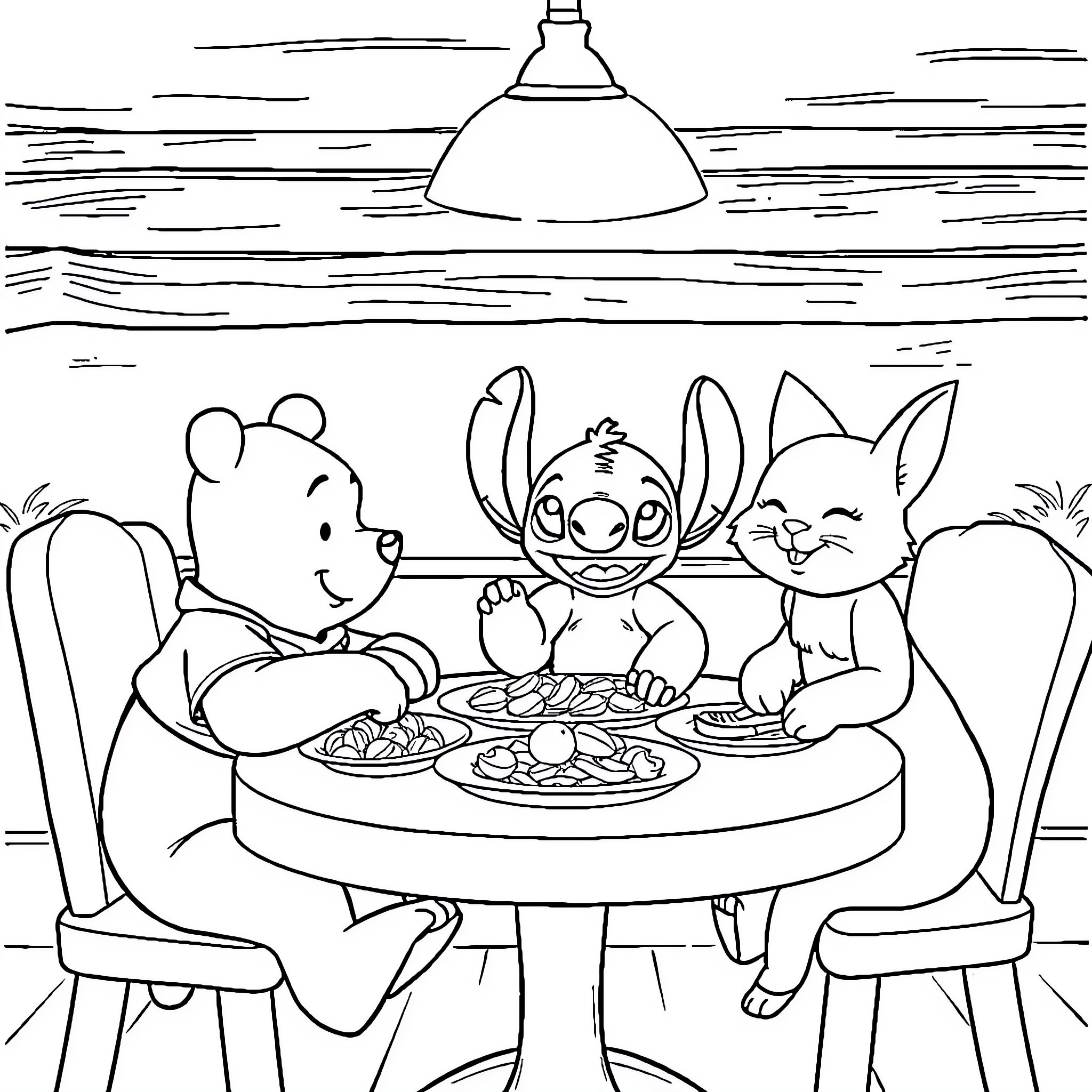 Winnie and friends enjoy a cozy meal together Coloring Page (free black-and-white line drawing printable PDF for all, from beginners to advanced learners, including children, teens, adults, and seniors)