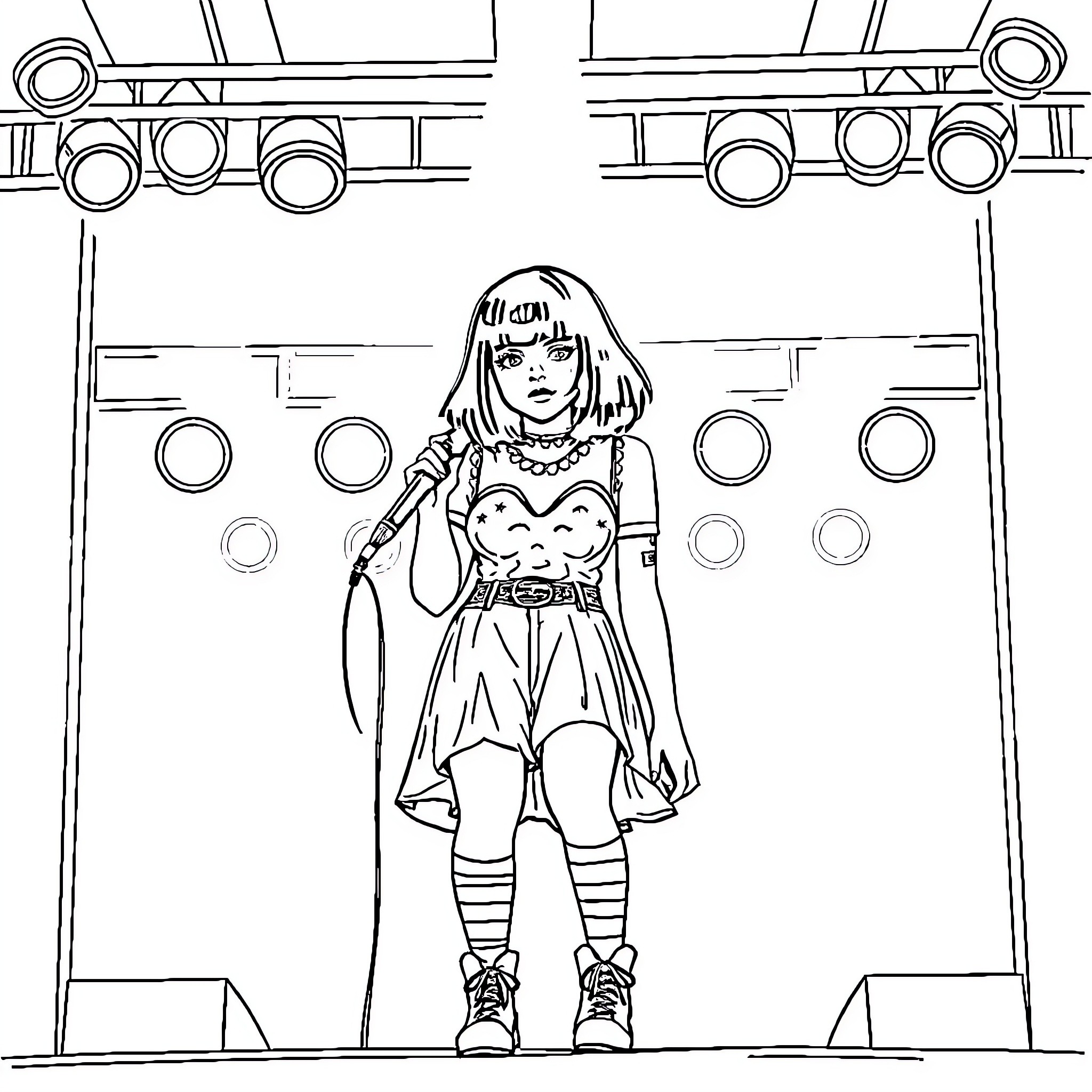 Melanie Martinez in whimsical performance outfit Coloring Page (free black-and-white line drawing printable PDF for all, from beginners to advanced learners, including children, teens, adults, and seniors)