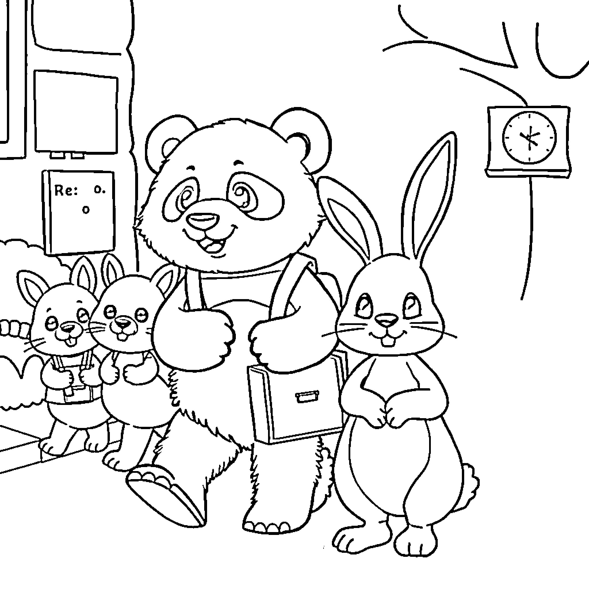 Panda and Bunny Reading Books Together Coloring Page (free black-and-white line drawing printable PDF for all, from beginners to advanced learners, including children, teens, adults, and seniors)