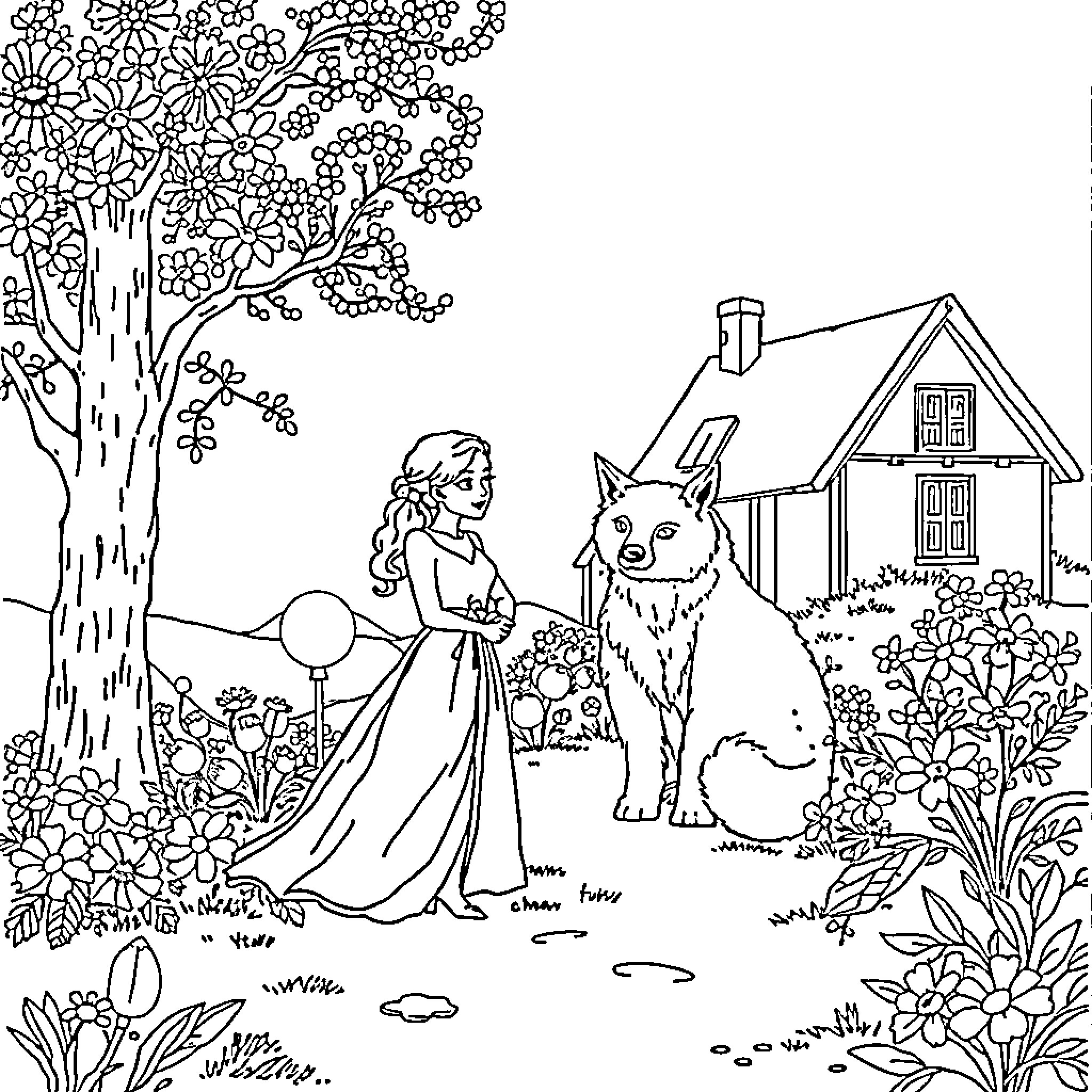 Fairy Tale Characters in Floral Garden Coloring Page (free black-and-white line drawing printable PDF for all, from beginners to advanced learners, including children, teens, adults, and seniors)