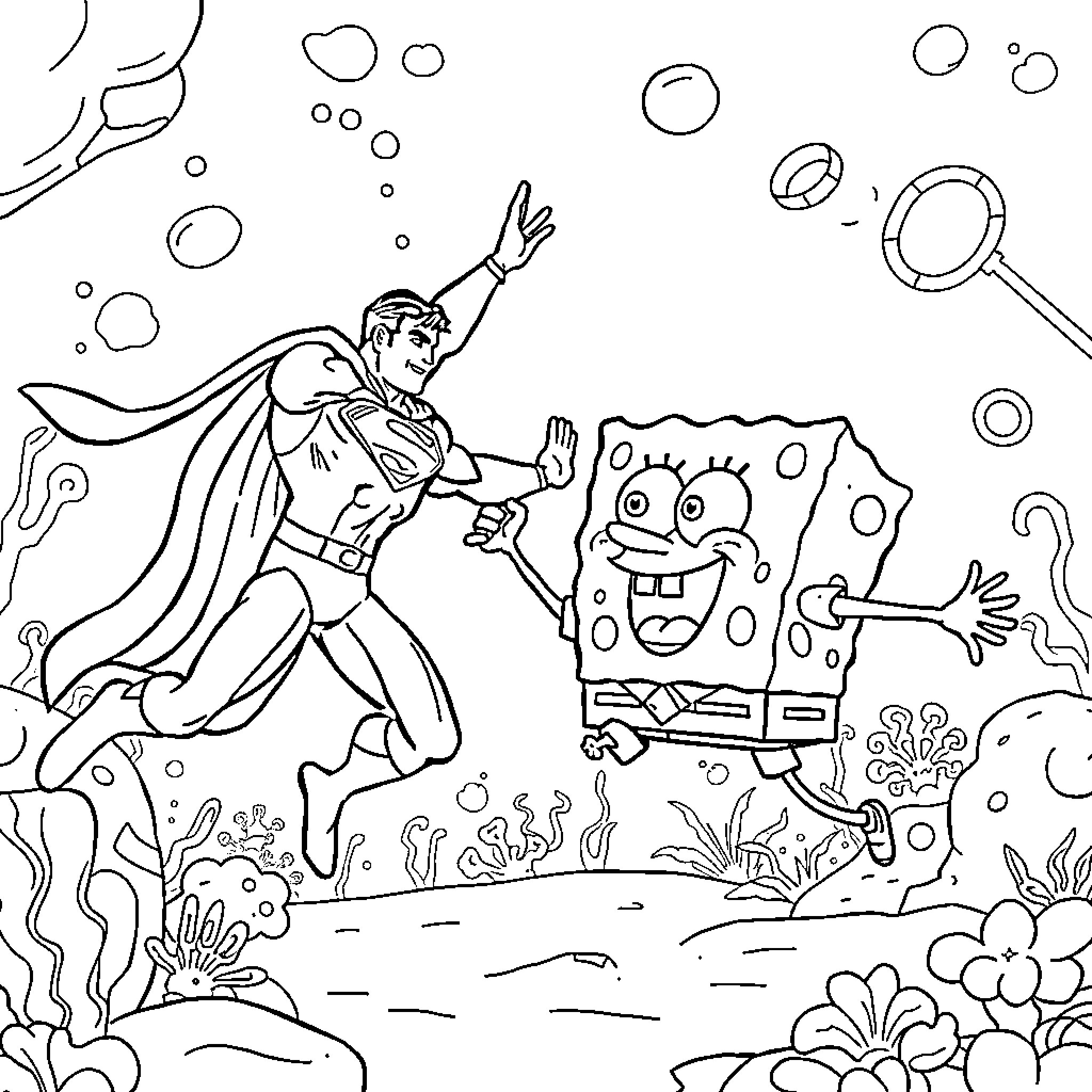 Superman battles SpongeBob in the underwater world Coloring Page (free black-and-white line drawing printable PDF for all, from beginners to advanced learners, including children, teens, adults, and seniors)