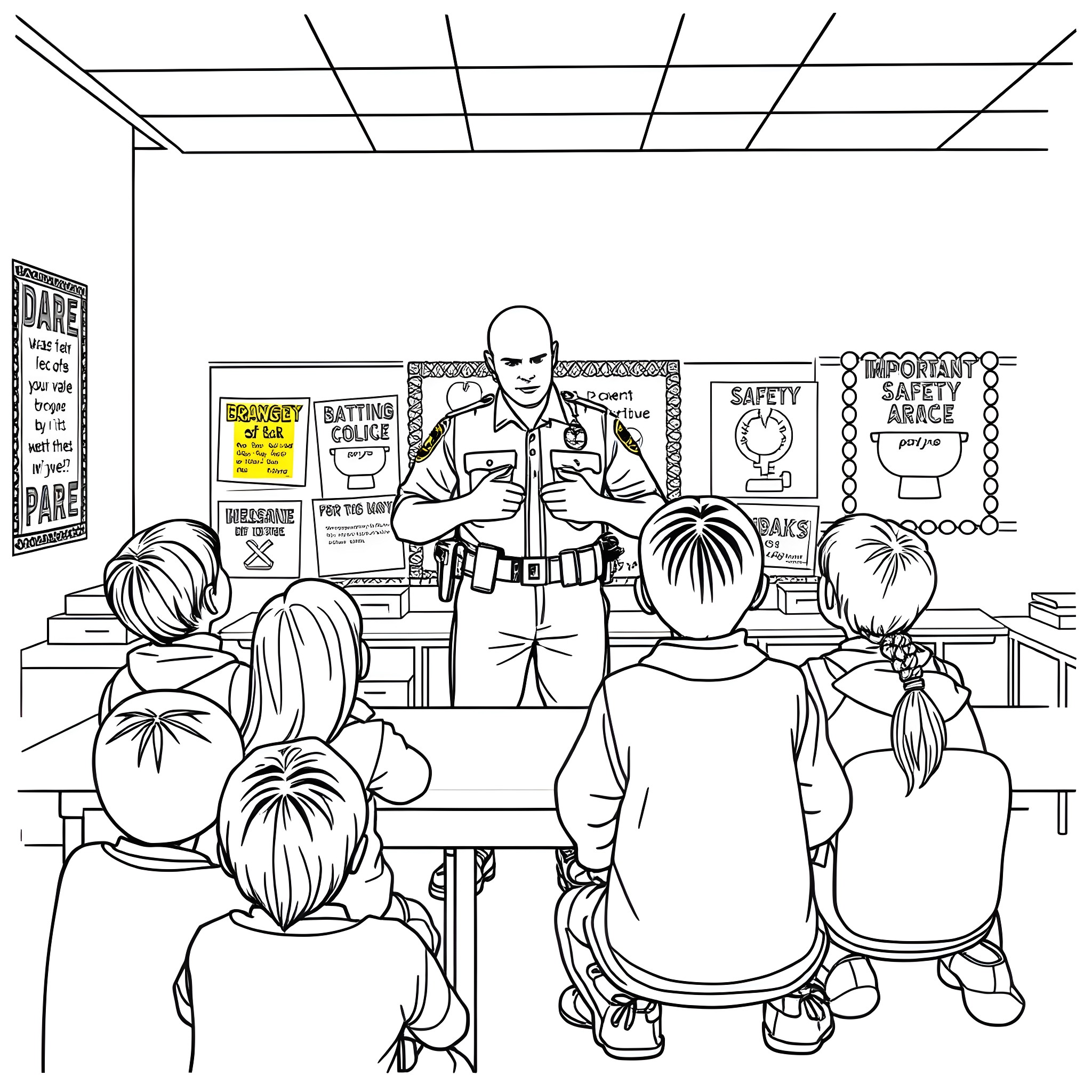 Police Officer Addressing Community in Classroom Setting Coloring Page (free black-and-white line drawing printable PDF for all, from beginners to advanced learners, including children, teens, adults, and seniors)