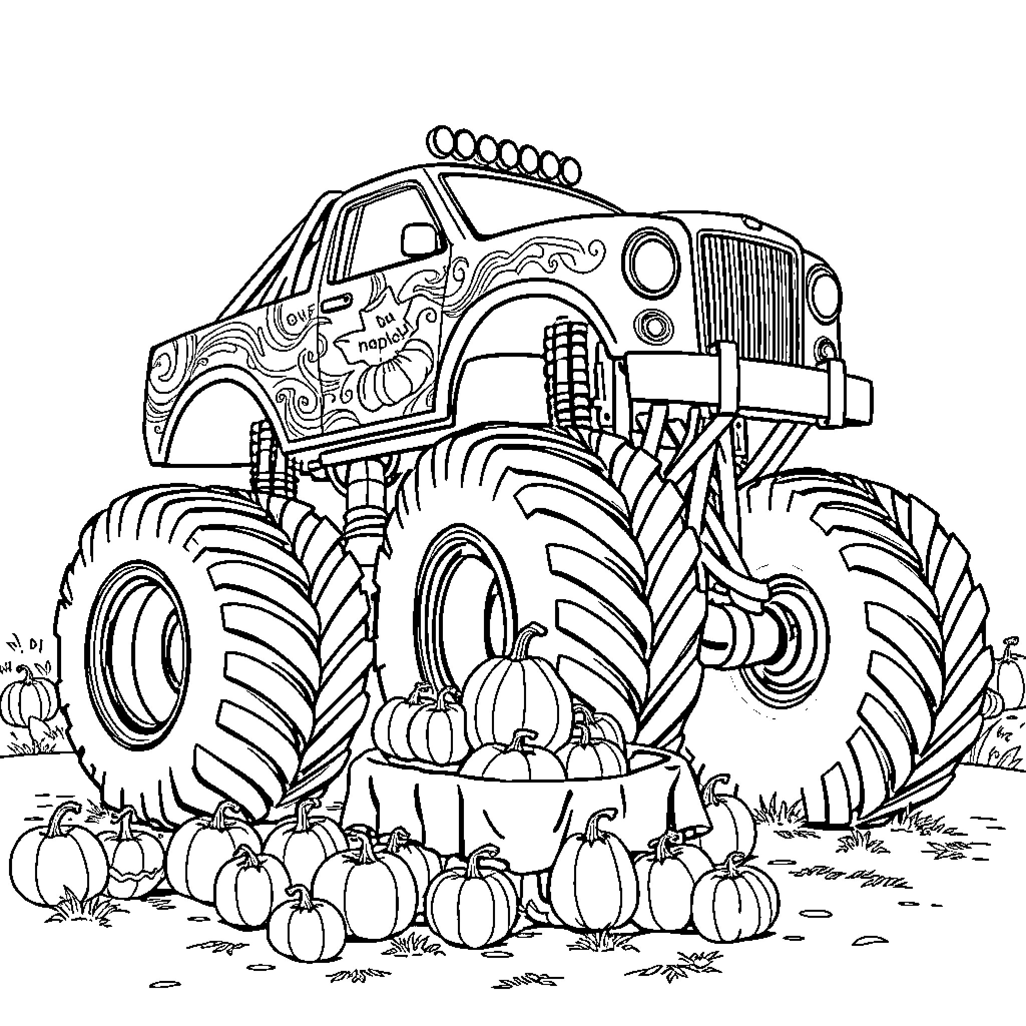 Monster Truck driving through pumpkin patch Coloring Page (free black-and-white line drawing printable PDF for all, from beginners to advanced learners, including children, teens, adults, and seniors)