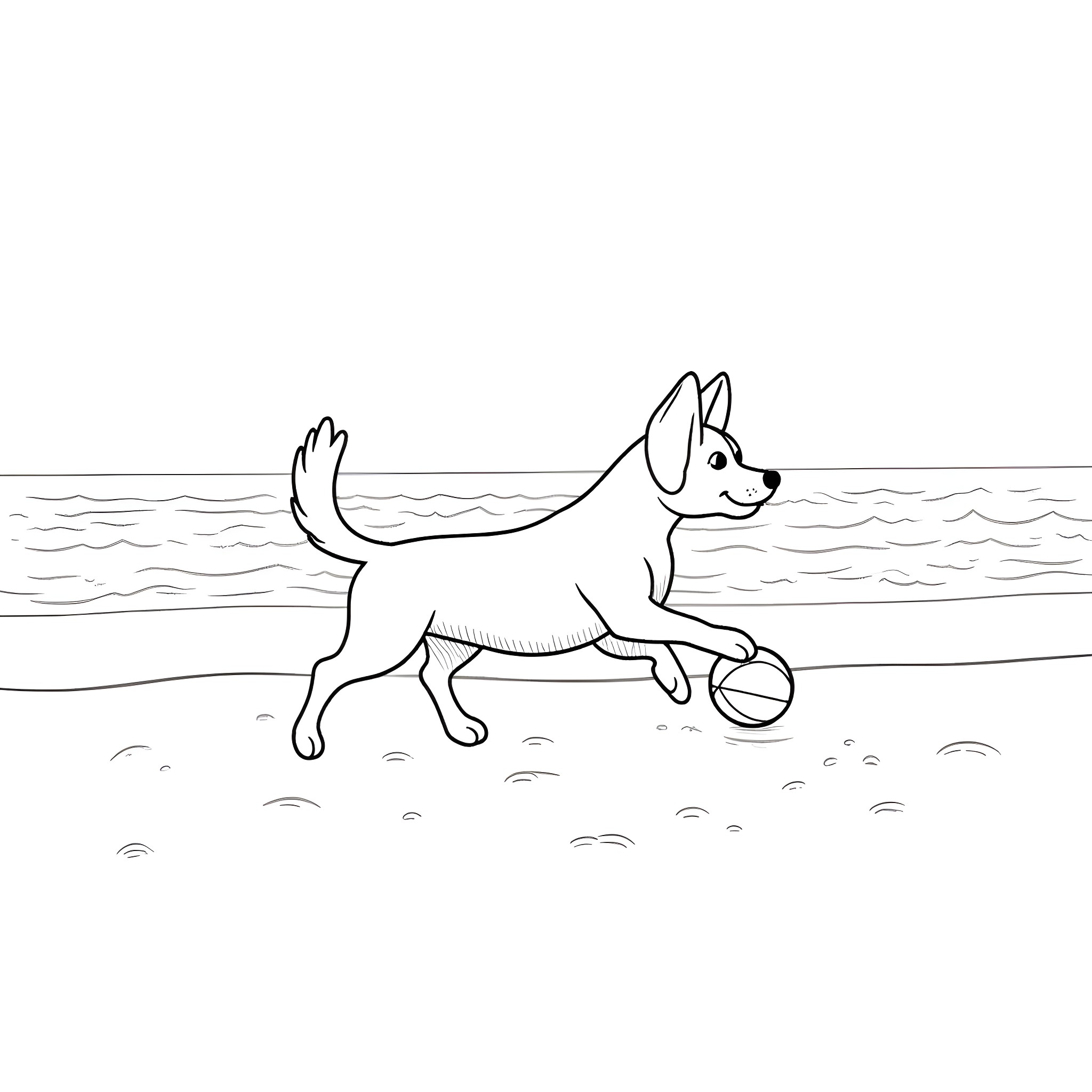 Dog playing with ball on the beach Coloring Page (free black-and-white line drawing printable PDF for all, from beginners to advanced learners, including children, teens, adults, and seniors)