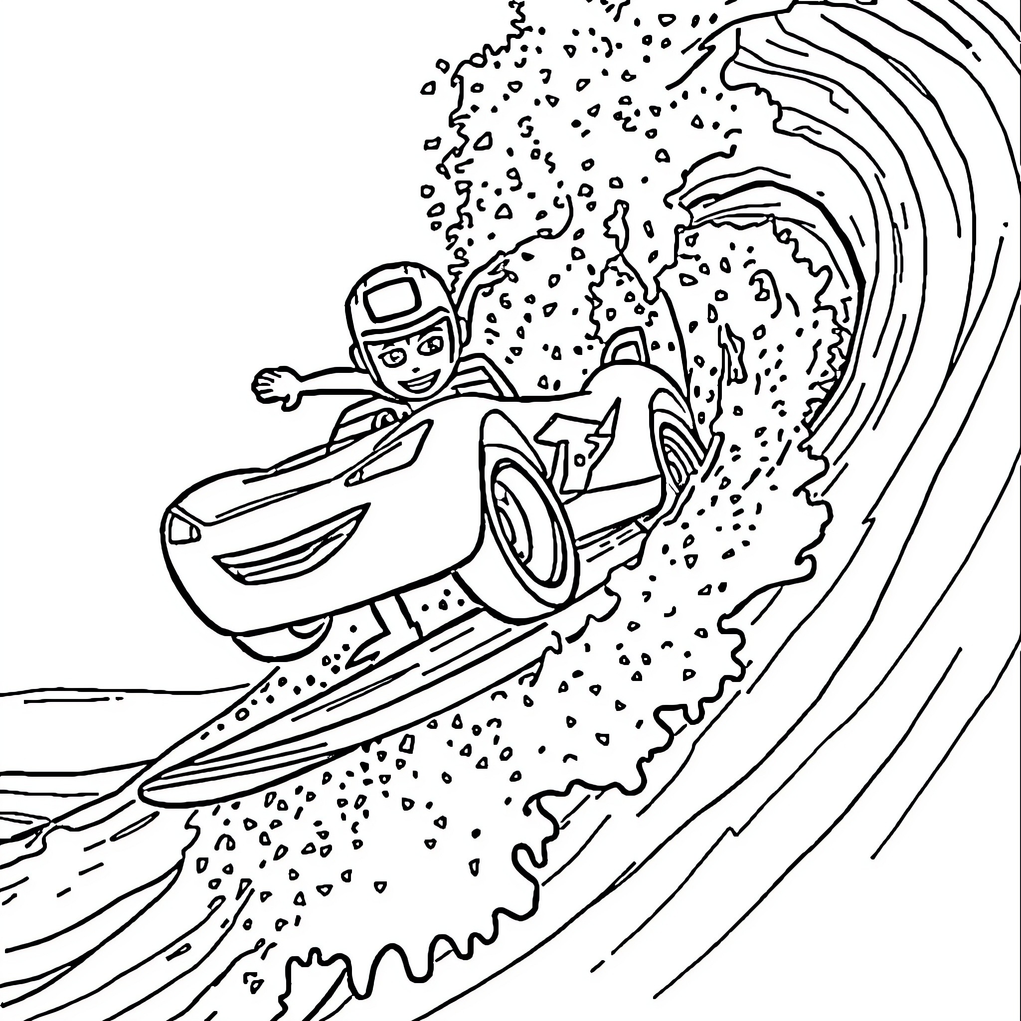Flash McQueen racing through a wave Coloring Page (free black-and-white line drawing printable PDF for all, from beginners to advanced learners, including children, teens, adults, and seniors)