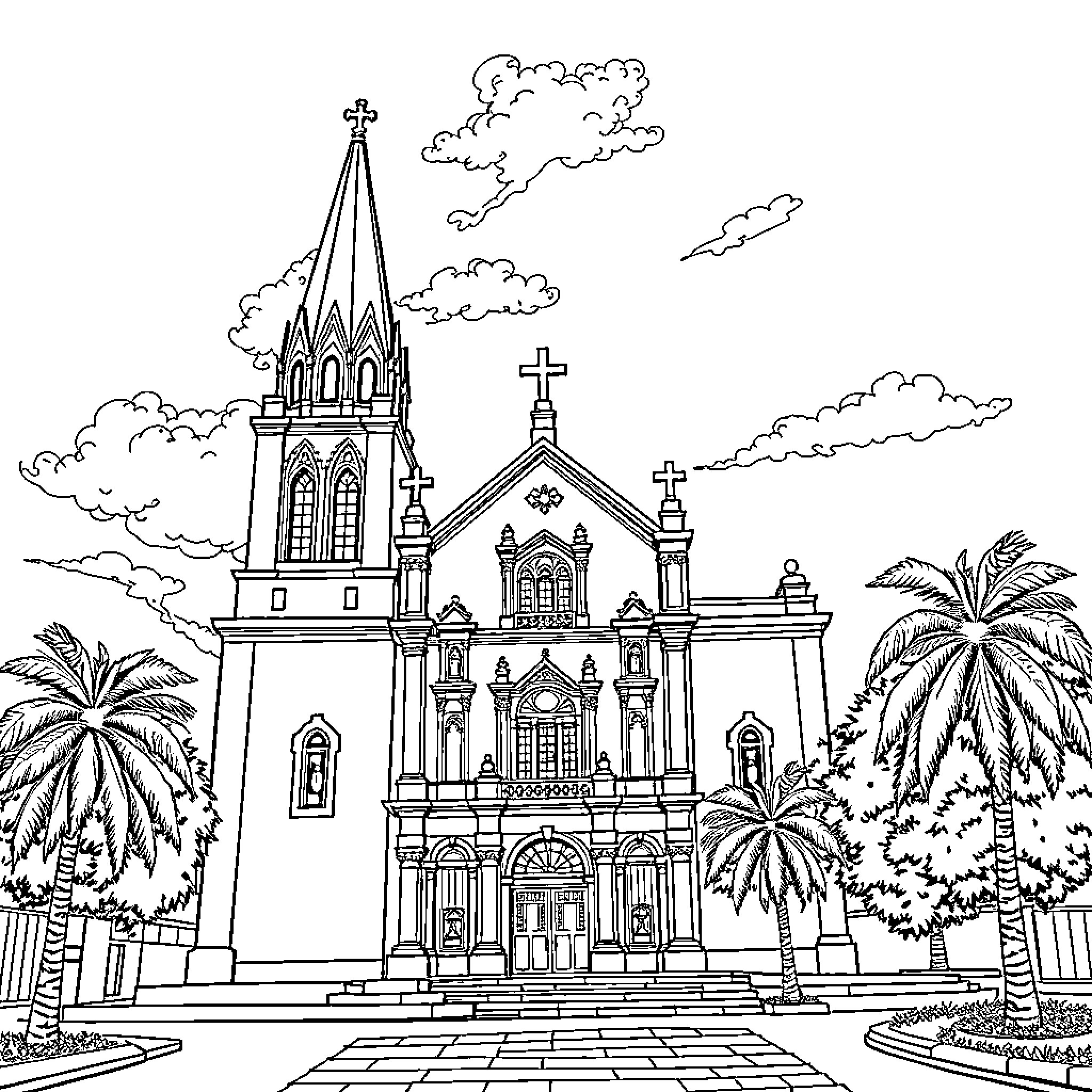 Iglesia with ornate architecture and tropical landscape Coloring Page (free black-and-white line drawing printable PDF for all, from beginners to advanced learners, including children, teens, adults, and seniors)