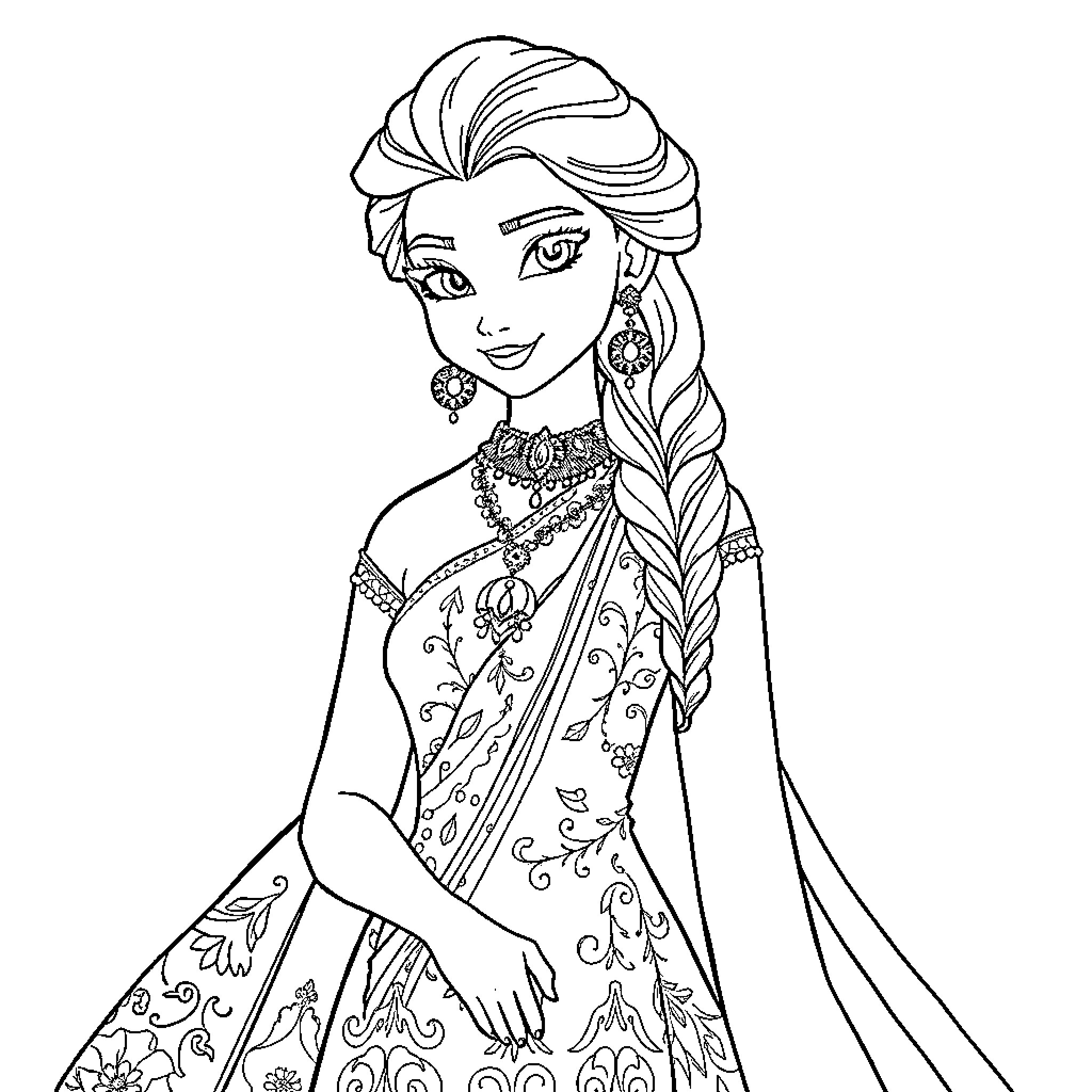 Elsa in her elegant frozen dress with intricate designs Coloring Page (free black-and-white line drawing printable PDF for all, from beginners to advanced learners, including children, teens, adults, and seniors)