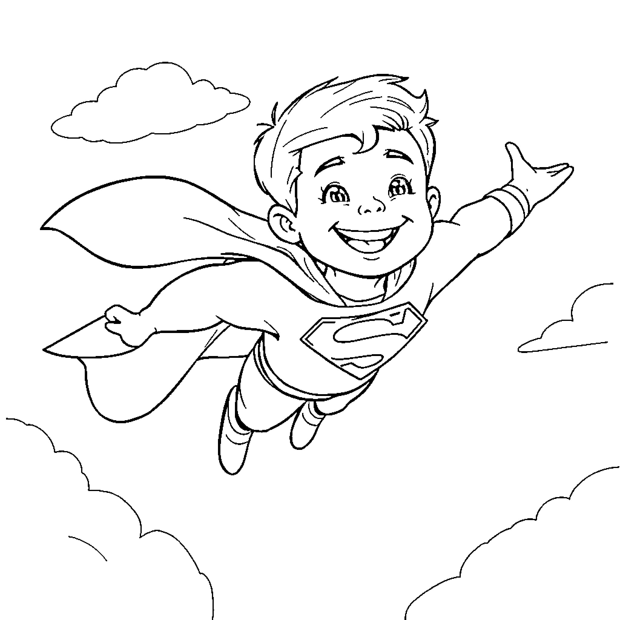 Superman soaring through the clouds with joy Coloring Page (free black-and-white line drawing printable PDF for all, from beginners to advanced learners, including children, teens, adults, and seniors)