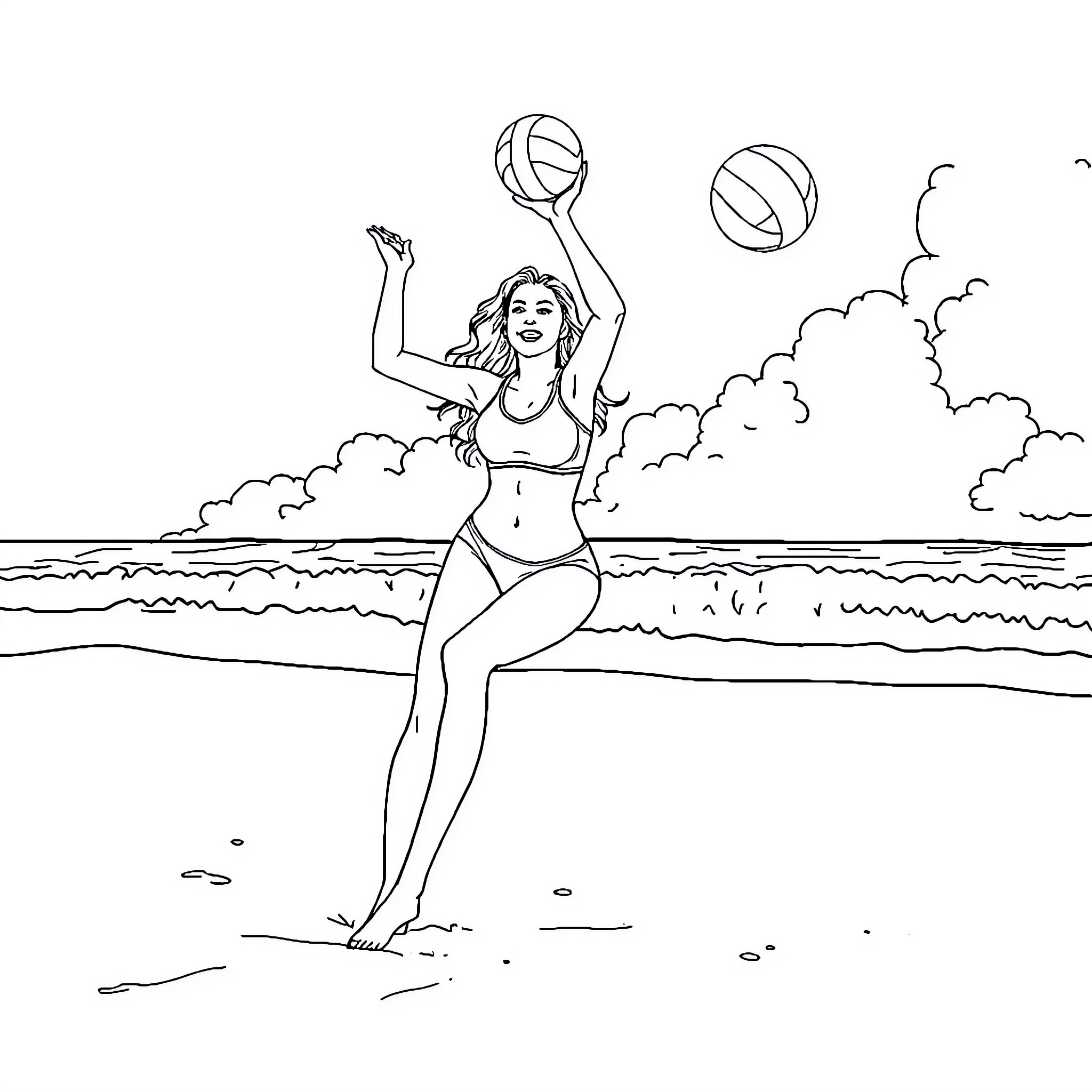 Sydney Sweeney playing volleyball on the beach Coloring Page (free black-and-white line drawing printable PDF for all, from beginners to advanced learners, including children, teens, adults, and seniors)