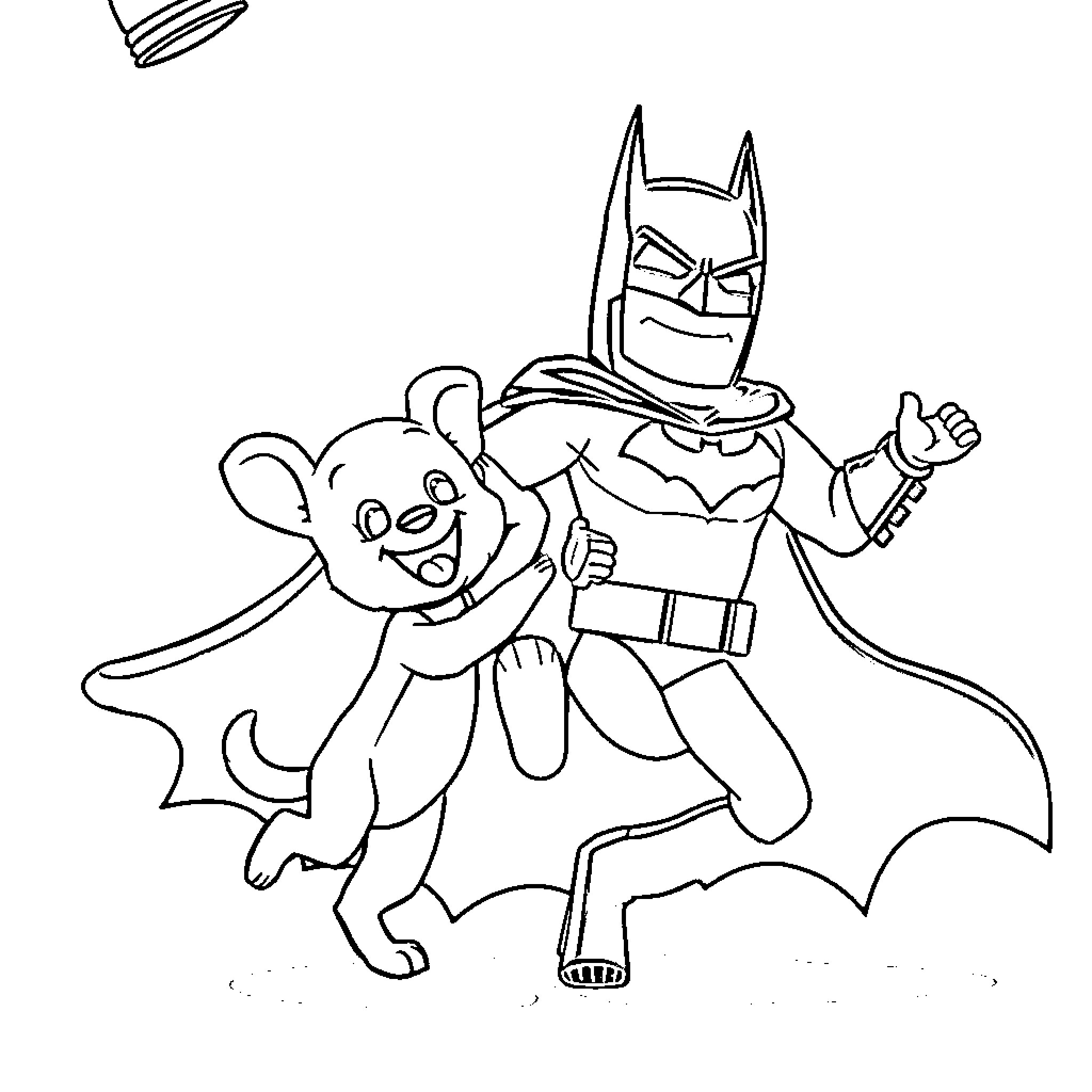 Bluey and Batman Playfully Exploring Coloring Page (free black-and-white line drawing printable PDF for all, from beginners to advanced learners, including children, teens, adults, and seniors)