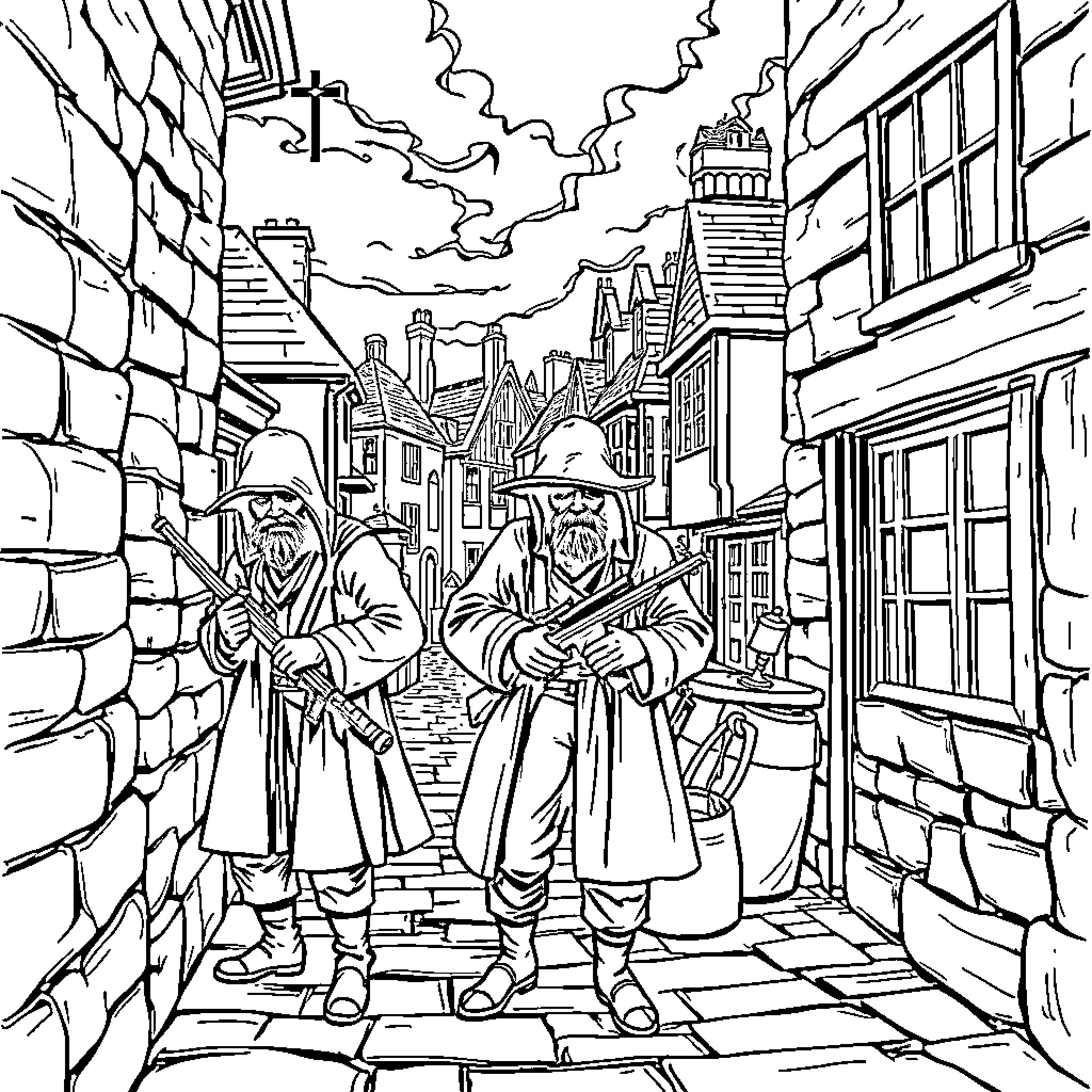 Smugglers navigating through the shadowy alleyways Coloring Page (free black-and-white line drawing printable PDF for all, from beginners to advanced learners, including children, teens, adults, and seniors)