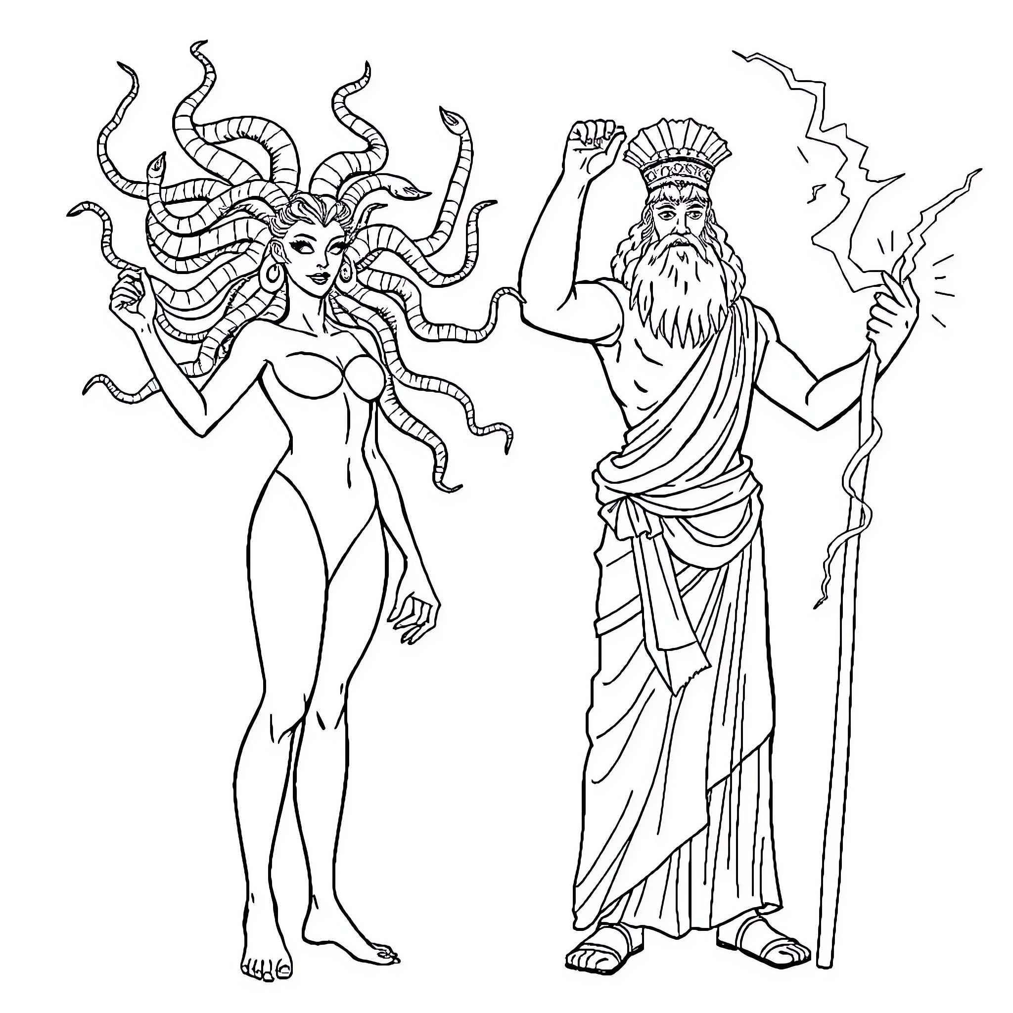 Medusa confronting a powerful deity Coloring Page (free black-and-white line drawing printable PDF for all, from beginners to advanced learners, including children, teens, adults, and seniors)