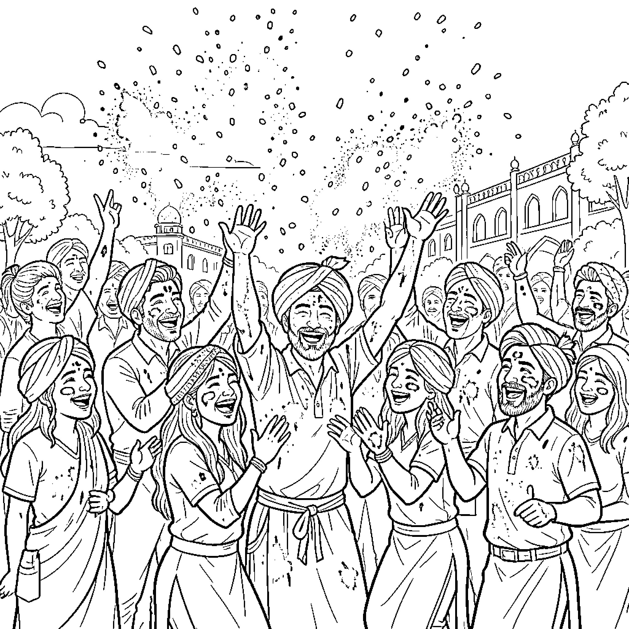 Holi celebration with joyful people Coloring Page (free black-and-white line drawing printable PDF for all, from beginners to advanced learners, including children, teens, adults, and seniors)
