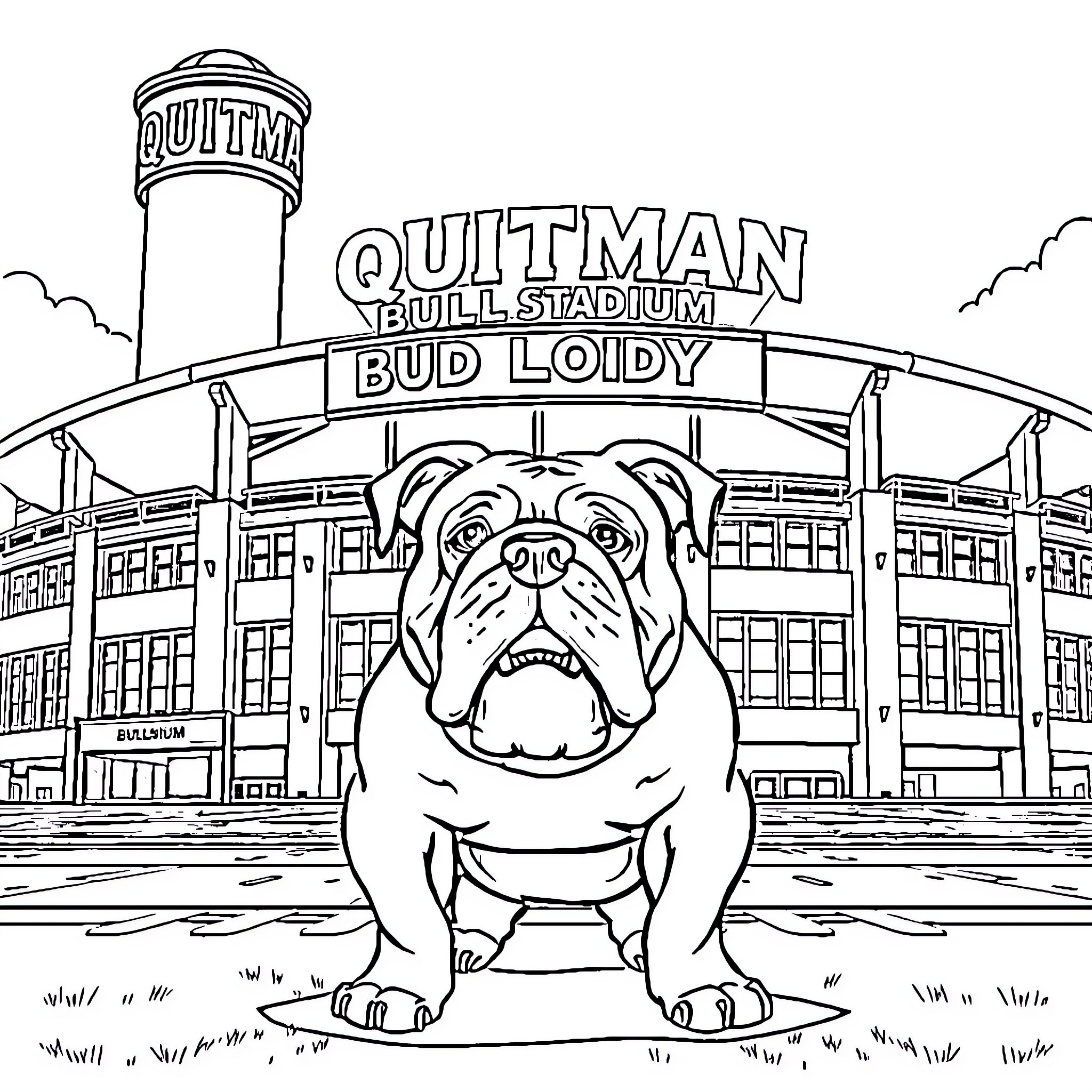 Bulldog guarding Quitman Bull Stadium Coloring Page (free black-and-white line drawing printable PDF for all, from beginners to advanced learners, including children, teens, adults, and seniors)