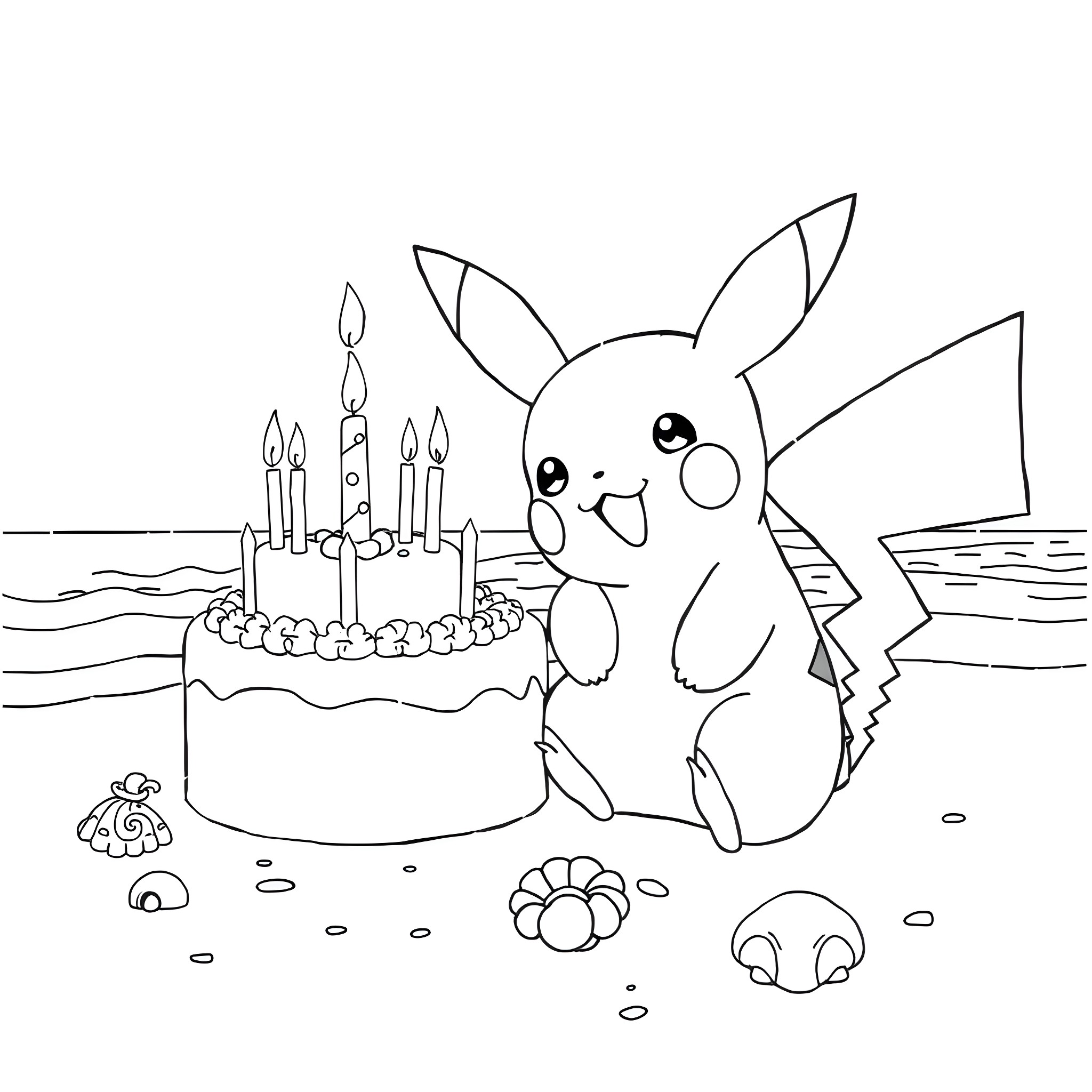 Pikachu celebrating birthday with cake and candles Coloring Page (free black-and-white line drawing printable PDF for all, from beginners to advanced learners, including children, teens, adults, and seniors)