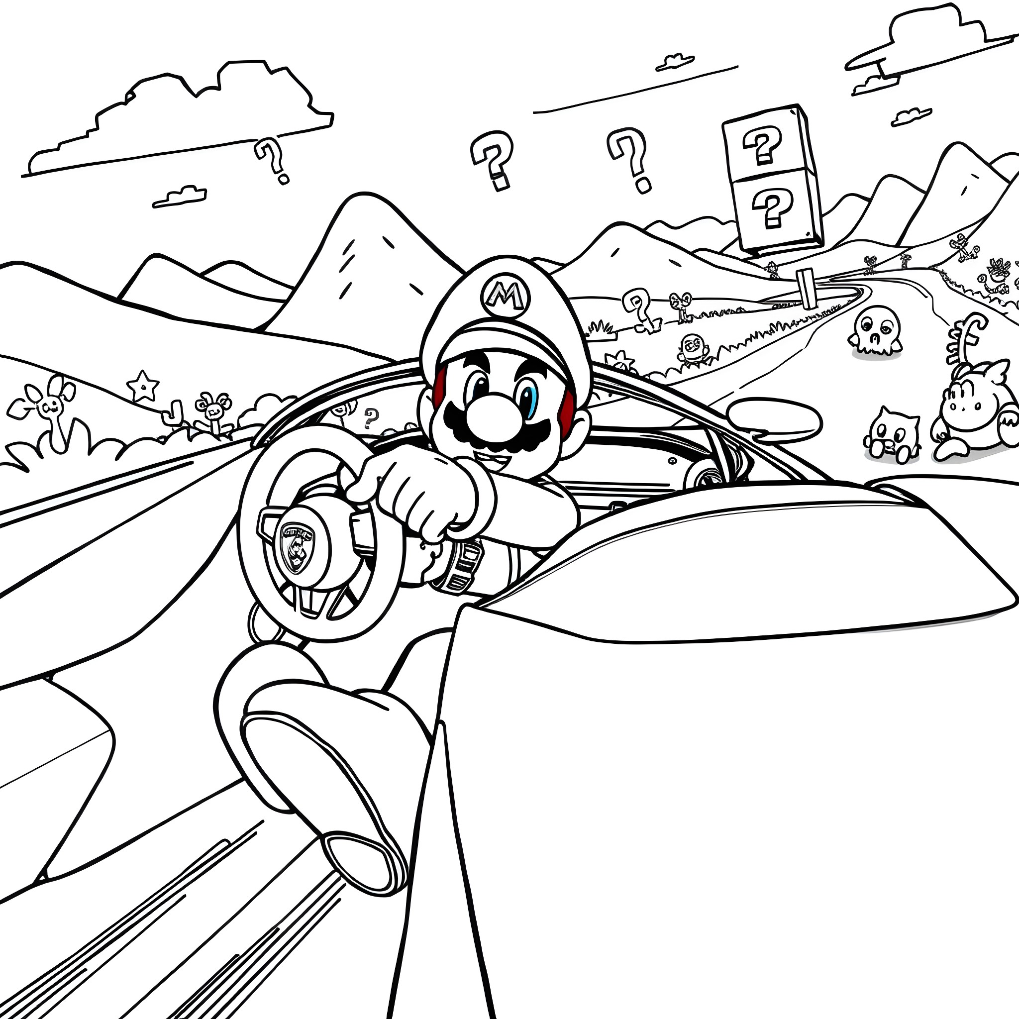 Super Mario Driving Kart on Winding Road Coloring Page (free black-and-white line drawing printable PDF for all, from beginners to advanced learners, including children, teens, adults, and seniors)