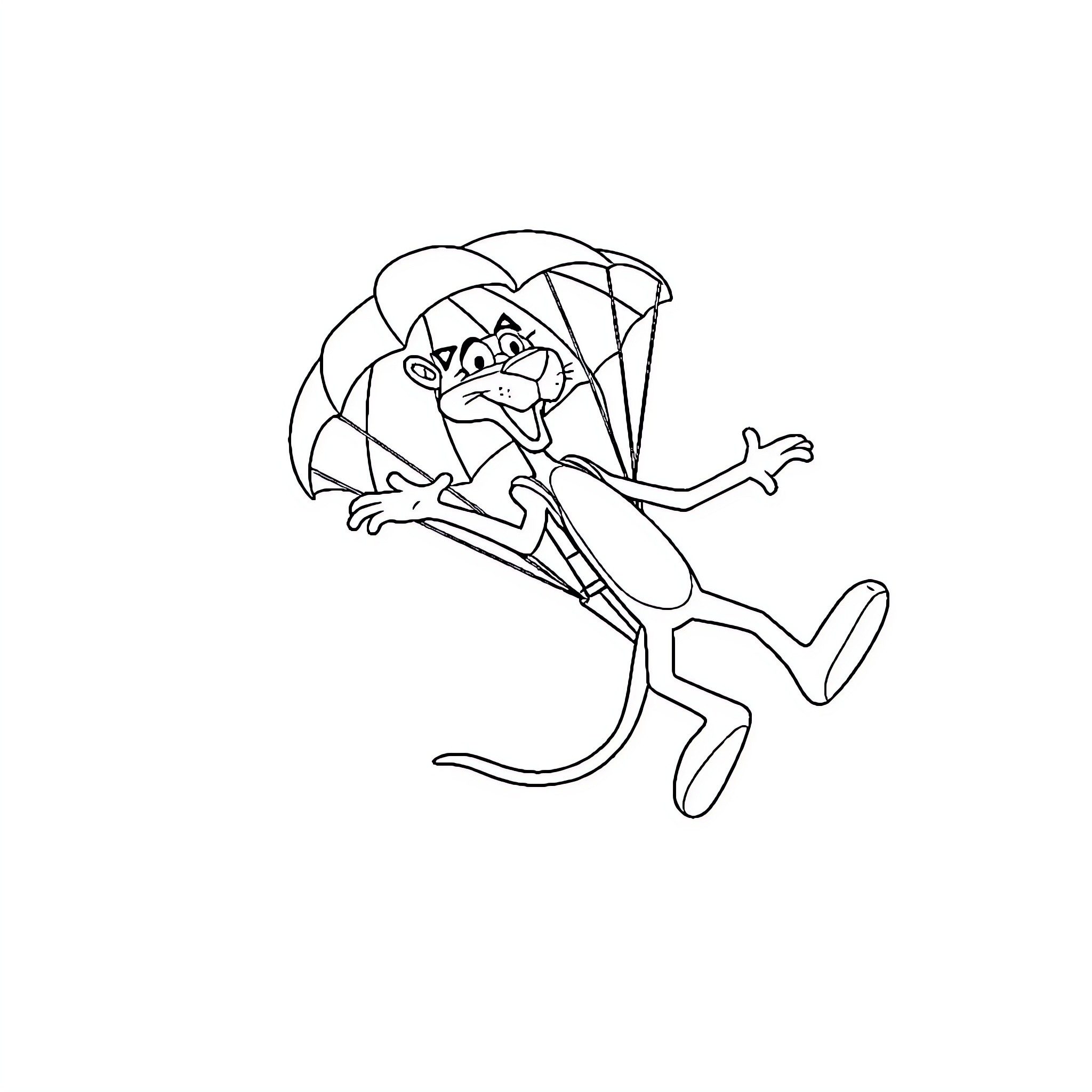 Pink Panther skydiving with colorful parachute Coloring Page (free black-and-white line drawing printable PDF for all, from beginners to advanced learners, including children, teens, adults, and seniors)
