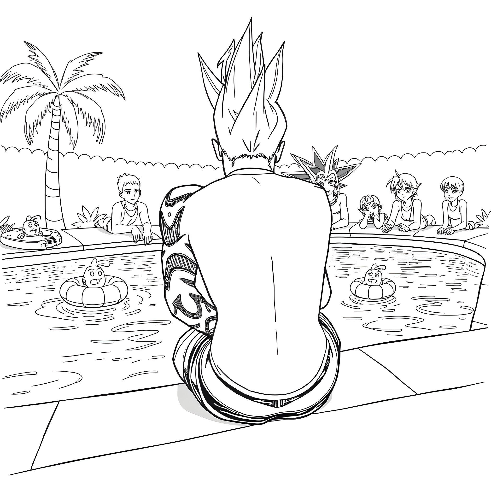 Cm Punk relaxing with friends at the beach Coloring Page (free black-and-white line drawing printable PDF for all, from beginners to advanced learners, including children, teens, adults, and seniors)