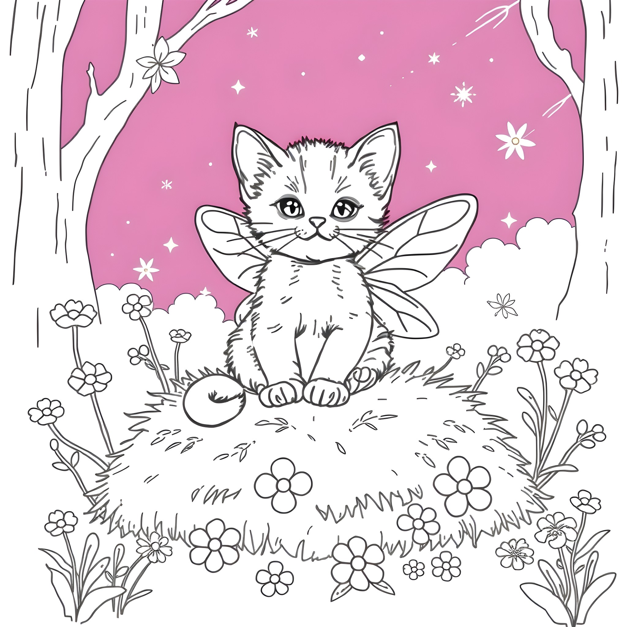 Kitten with fairy wings in magical flower field Coloring Page (free black-and-white line drawing printable PDF for all, from beginners to advanced learners, including children, teens, adults, and seniors)
