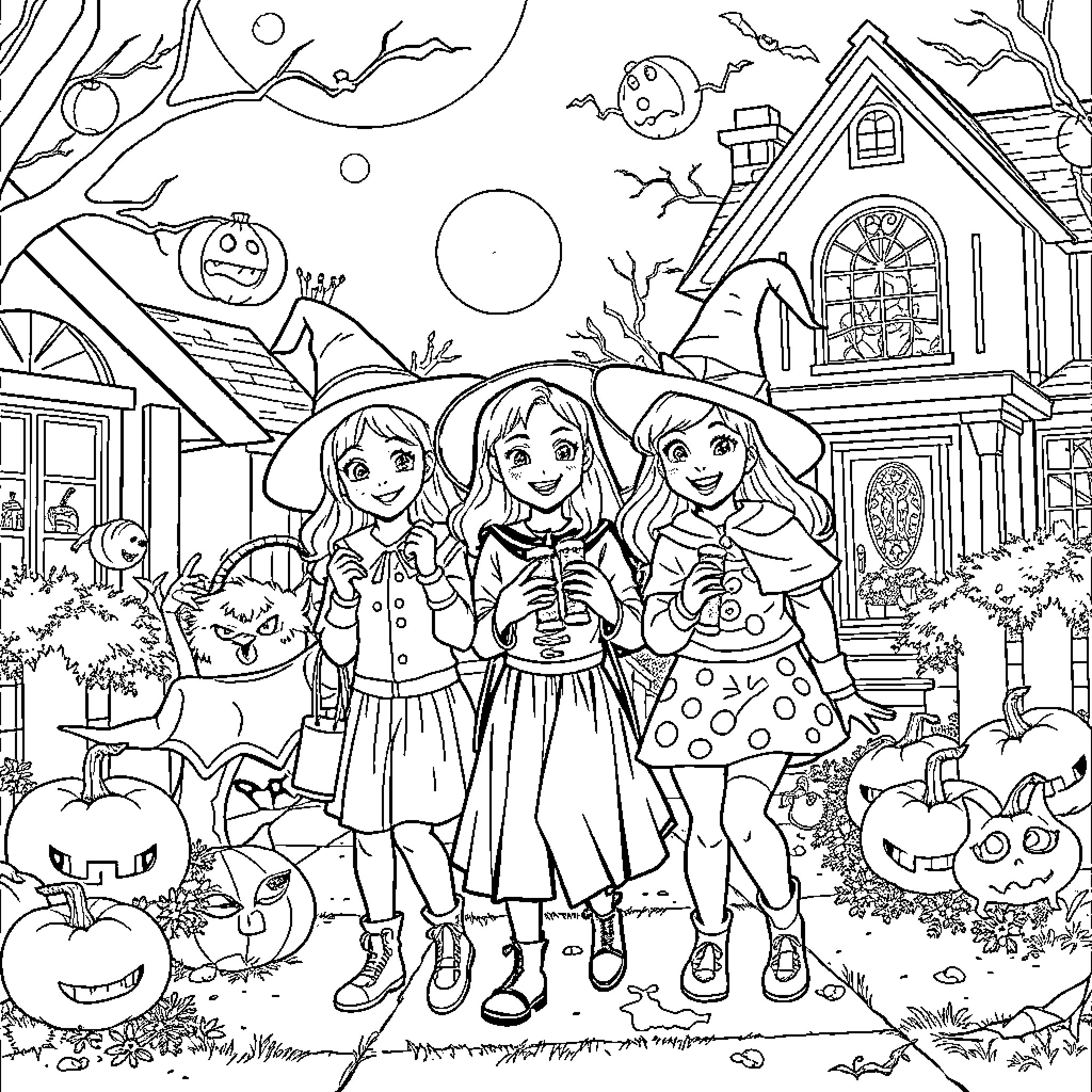 Sanderson Sisters Celebrating Halloween in Whimsical Outfits Coloring Page (free black-and-white line drawing printable PDF for all, from beginners to advanced learners, including children, teens, adults, and seniors)