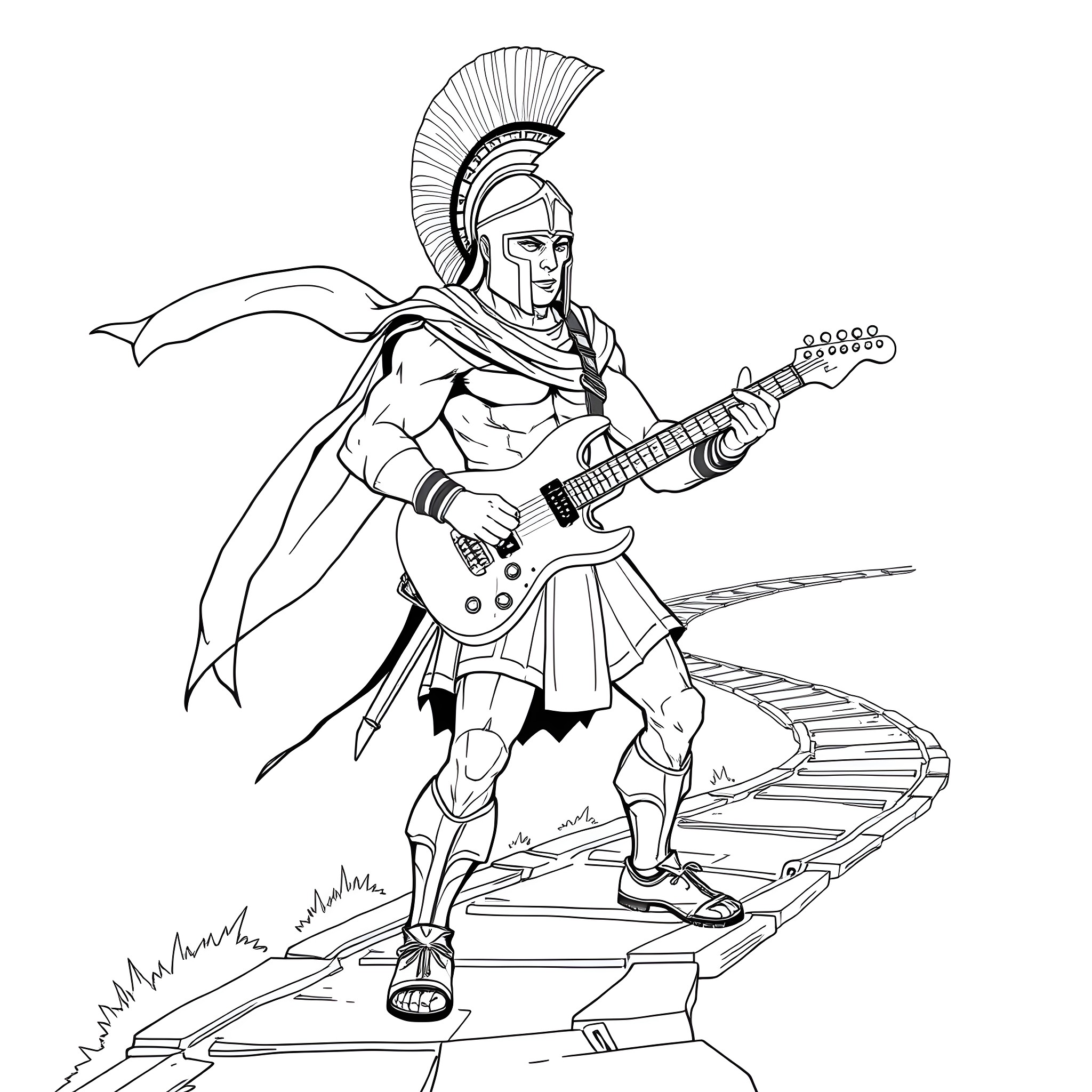 Spartan Warrior Wielding Electric Guitar Coloring Page (free black-and-white line drawing printable PDF for all, from beginners to advanced learners, including children, teens, adults, and seniors)